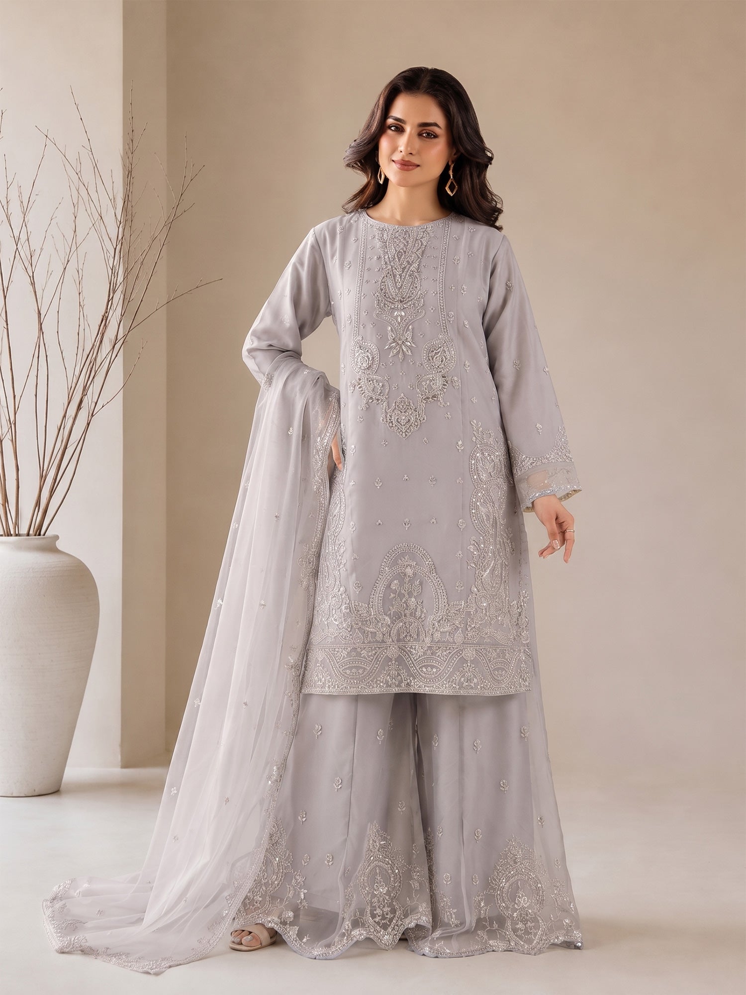 MOMINA "Nayaab" Embroidered Organza Suit with Sharara - Grey