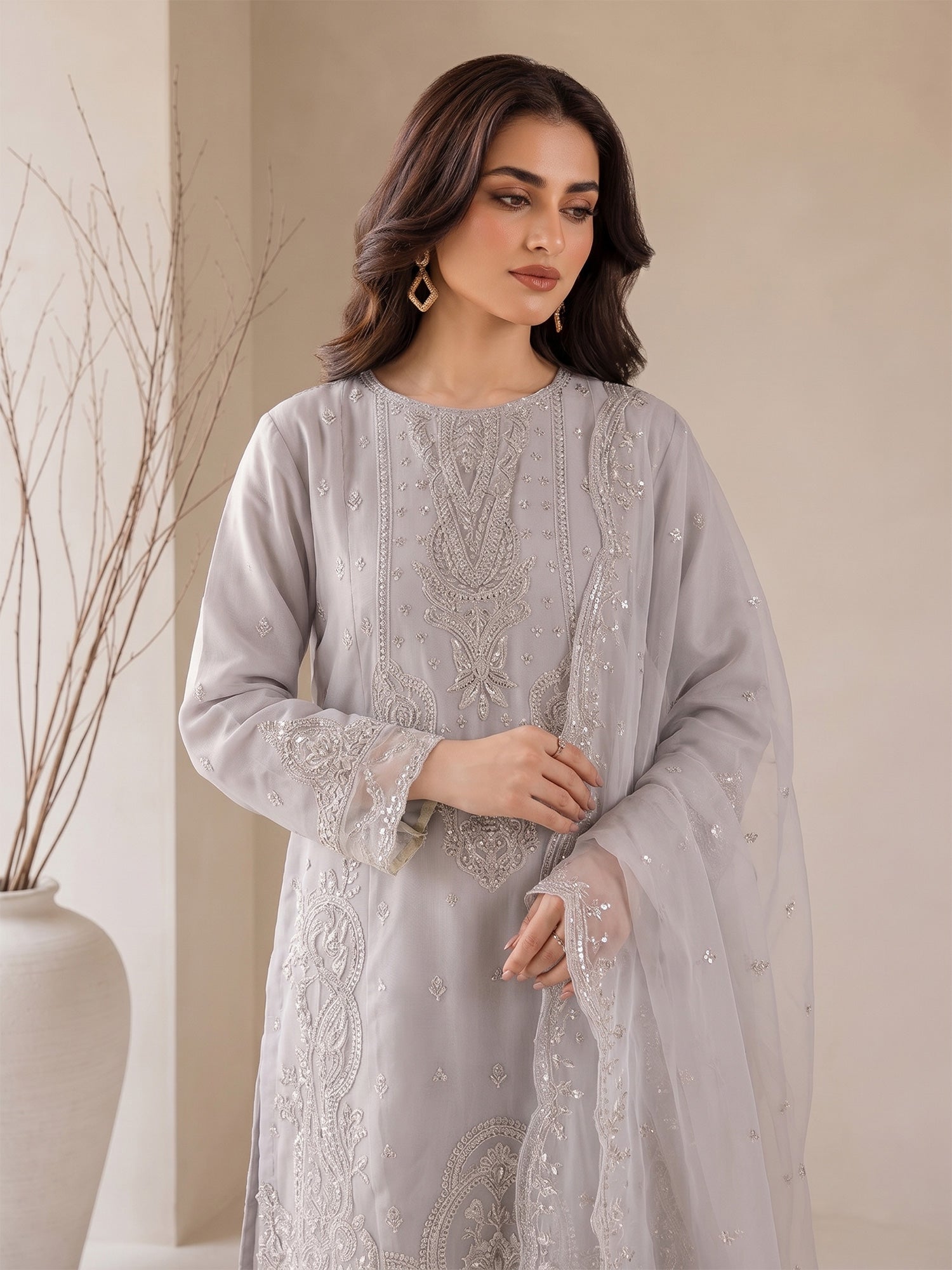 MOMINA "Nayaab" Embroidered Organza Suit with Sharara - Grey