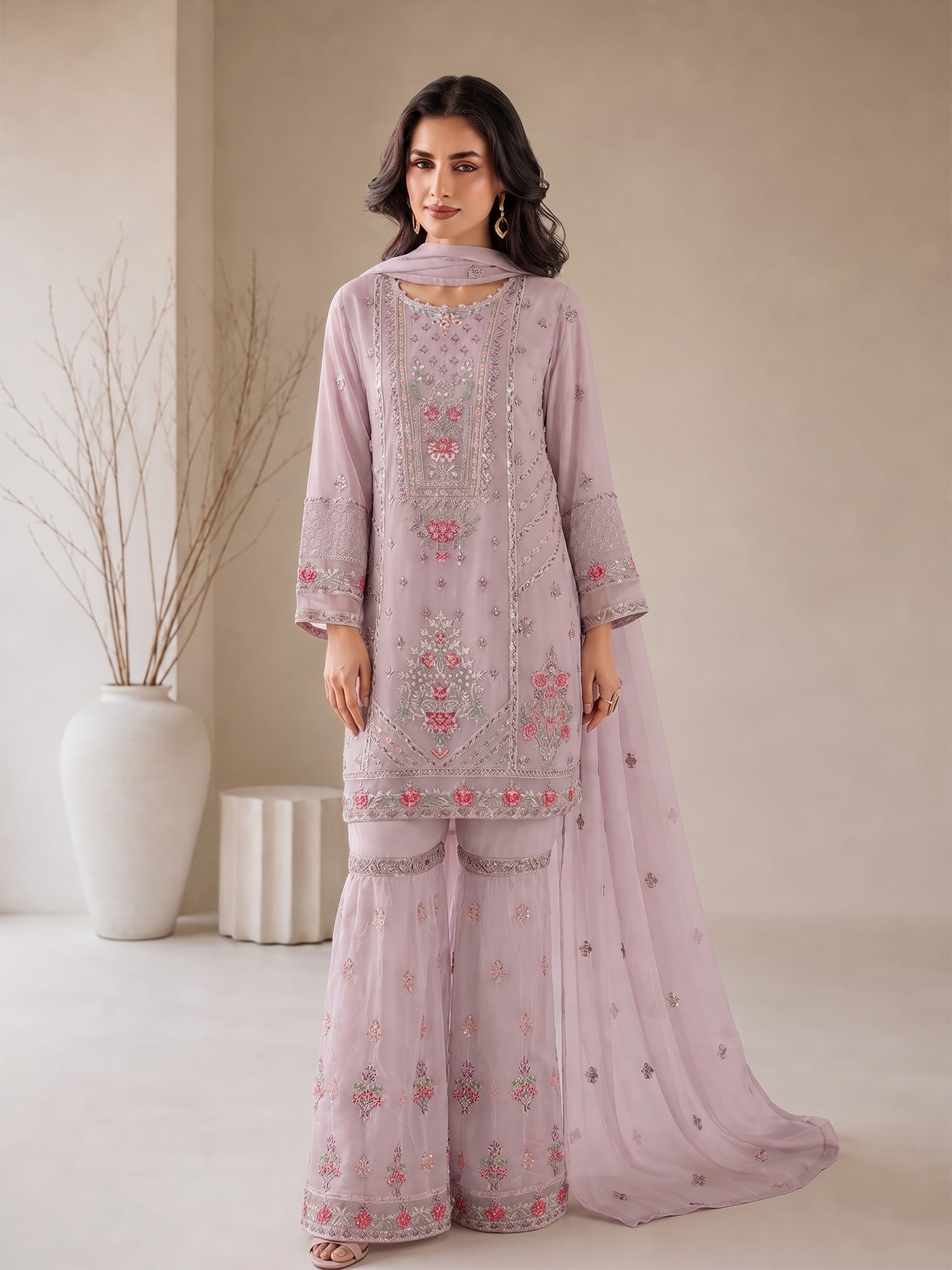 MOMINA "Nayaab" Embroidered Chiffon Suit with Gharara - Soft Mauve