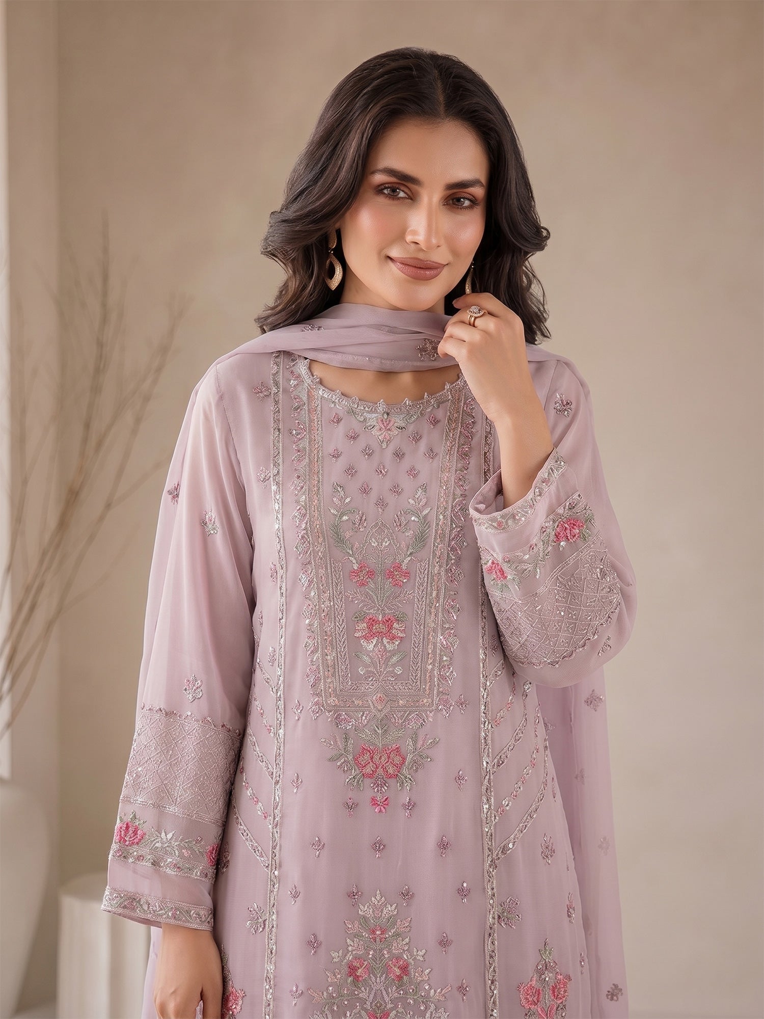MOMINA "Nayaab" Embroidered Chiffon Suit with Gharara - Soft Mauve