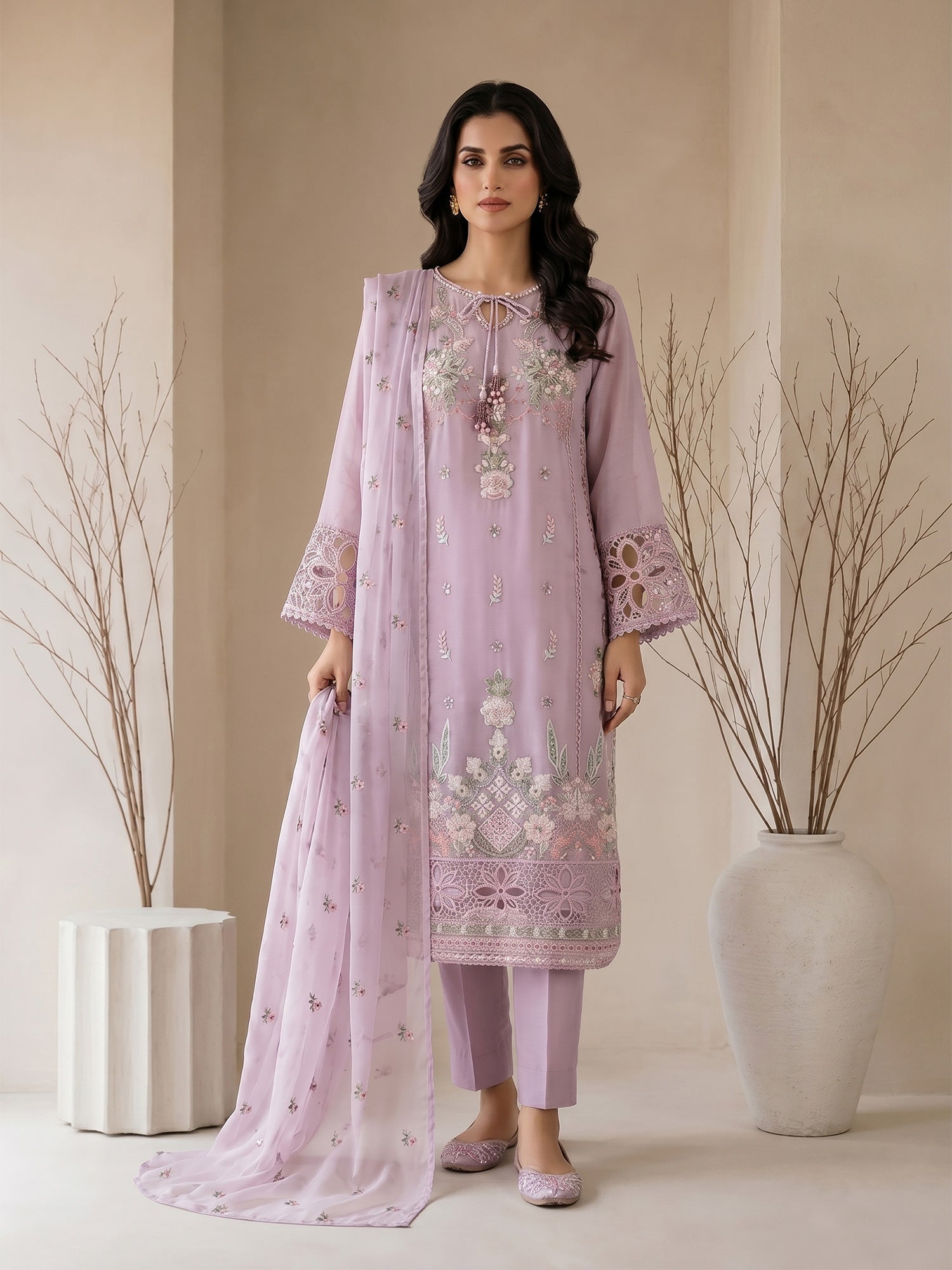 MOMINA "Nayaab" Embroidered Chiffon Suit - Lilac