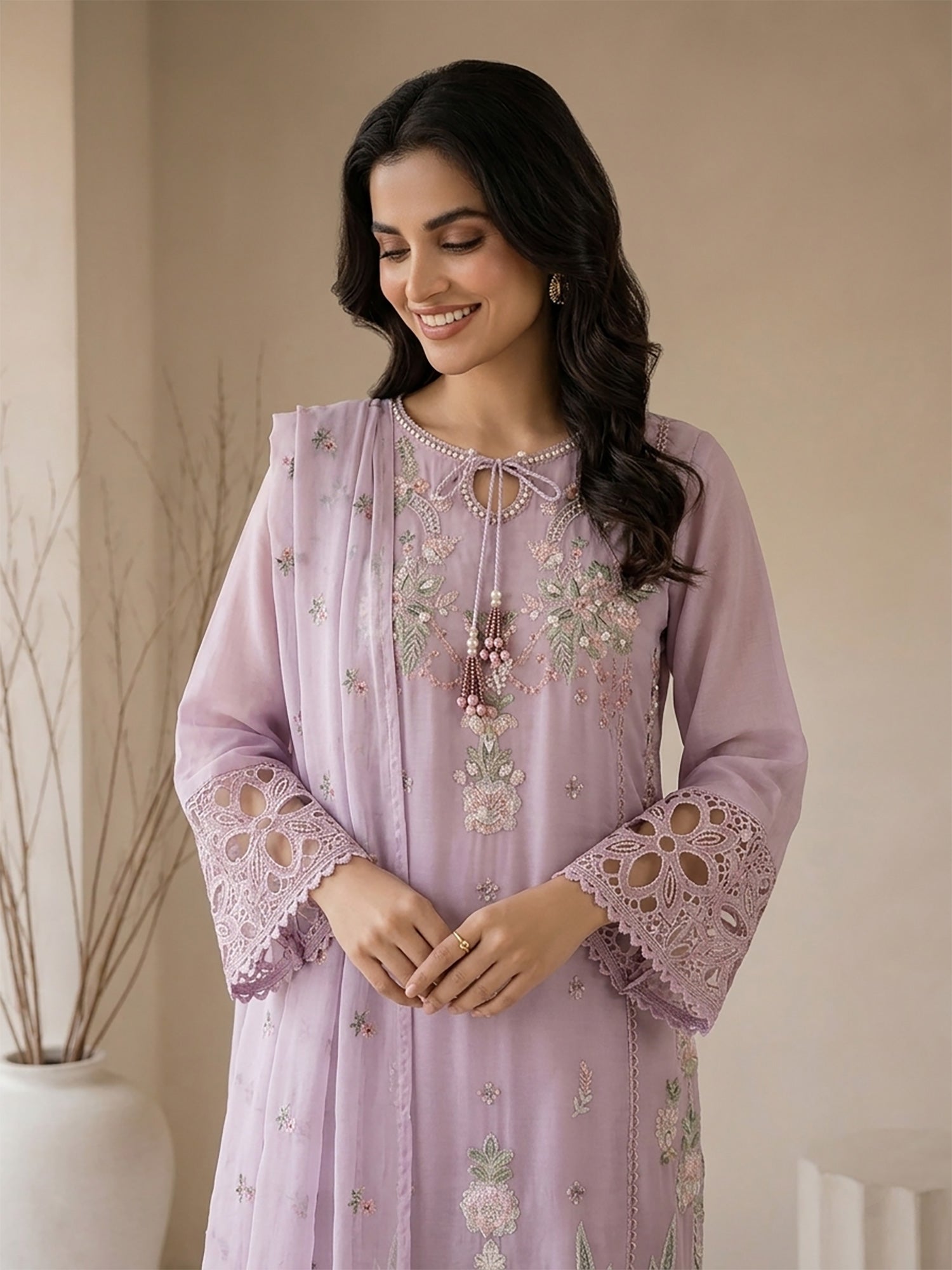 MOMINA "Nayaab" Embroidered Chiffon Suit - Lilac