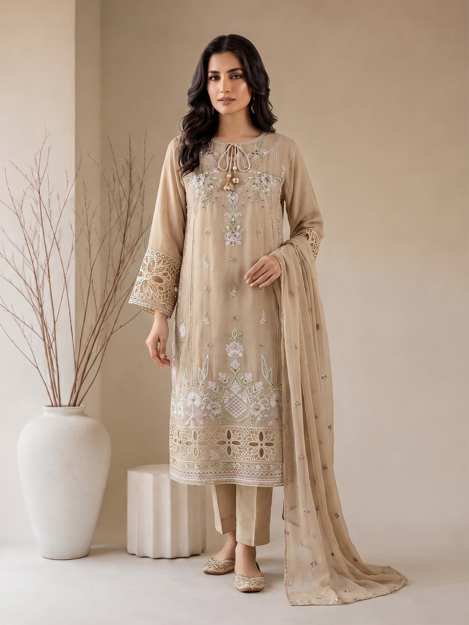 MOMINA "Nayaab" Embroidered Chiffon Suit - Beige