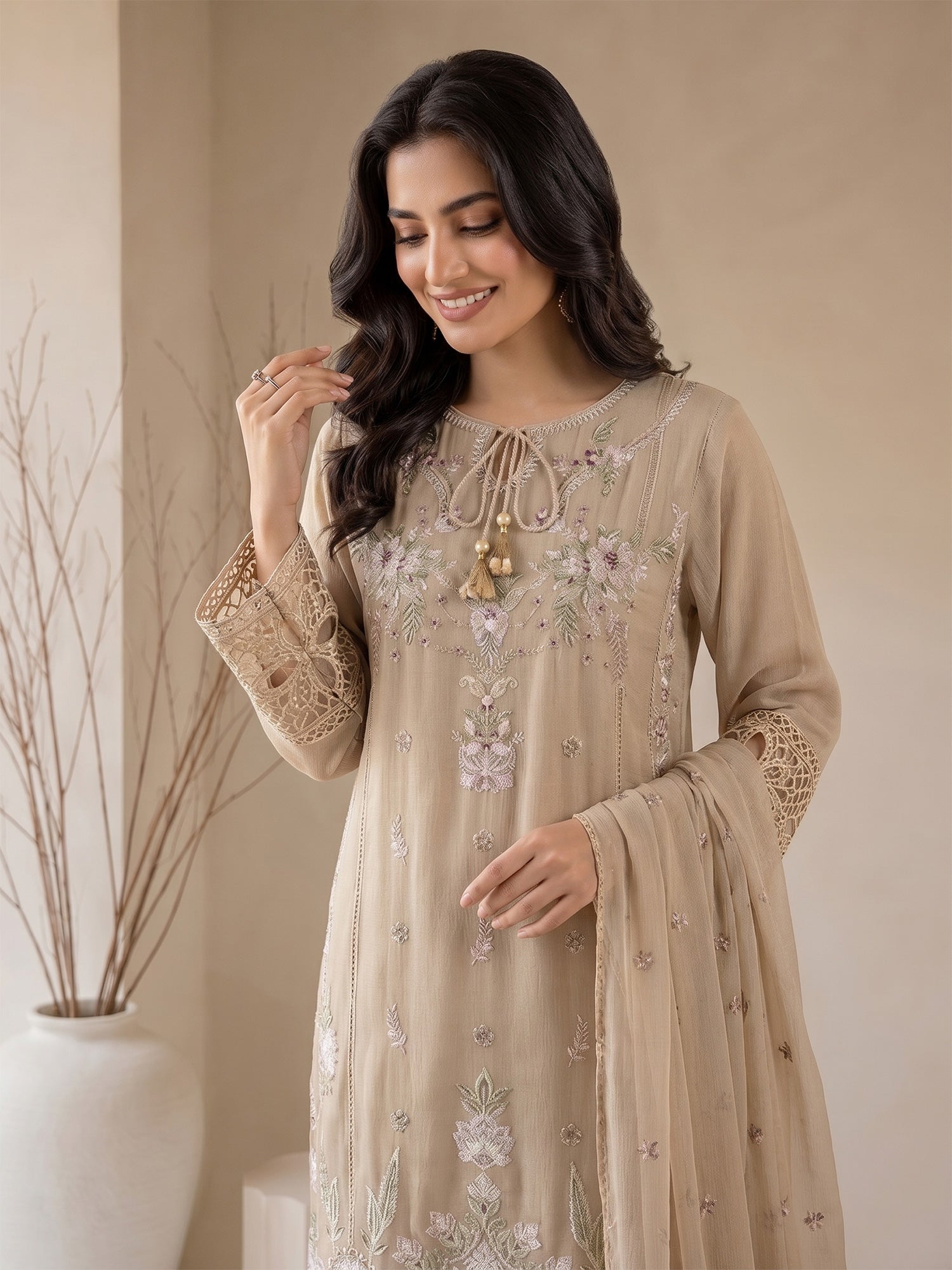 MOMINA "Nayaab" Embroidered Chiffon Suit - Beige