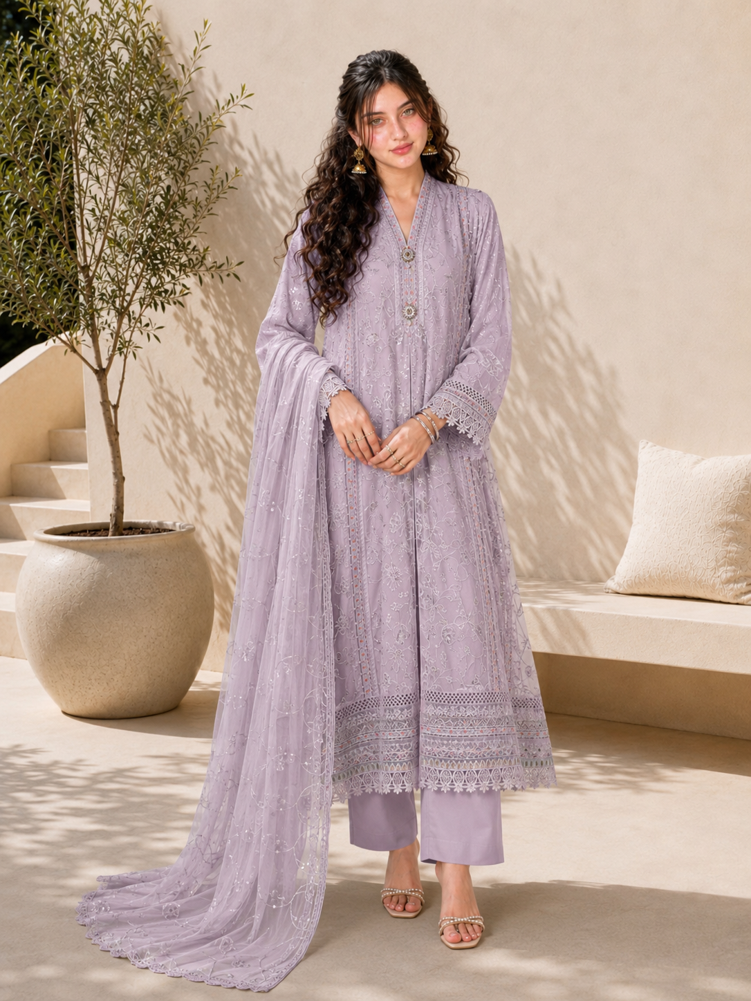 MOMINA "Pari" Embroidered Chiffon Dress Suit - Lilac