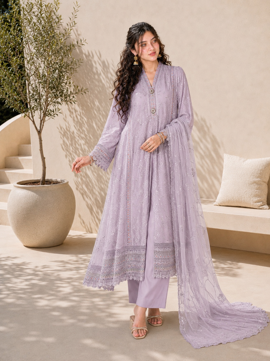 MOMINA "Pari" Embroidered Chiffon Dress Suit - Lilac