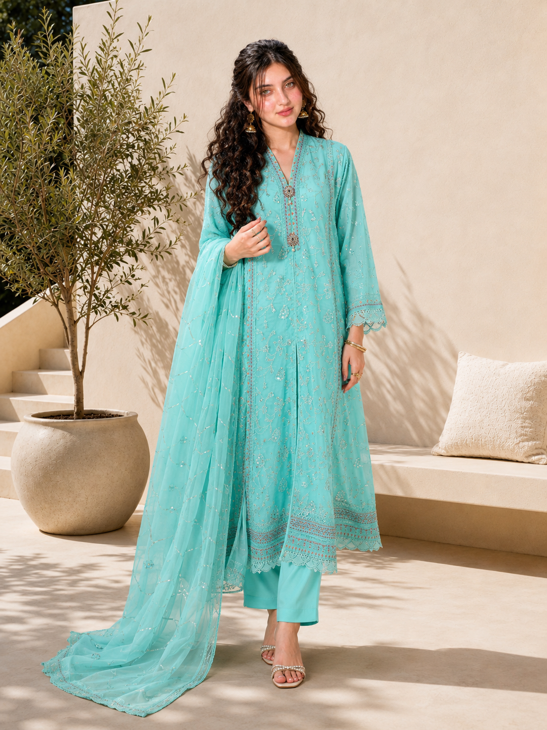 MOMINA "Pari" Embroidered Chiffon Dress Suit - Turquoise
