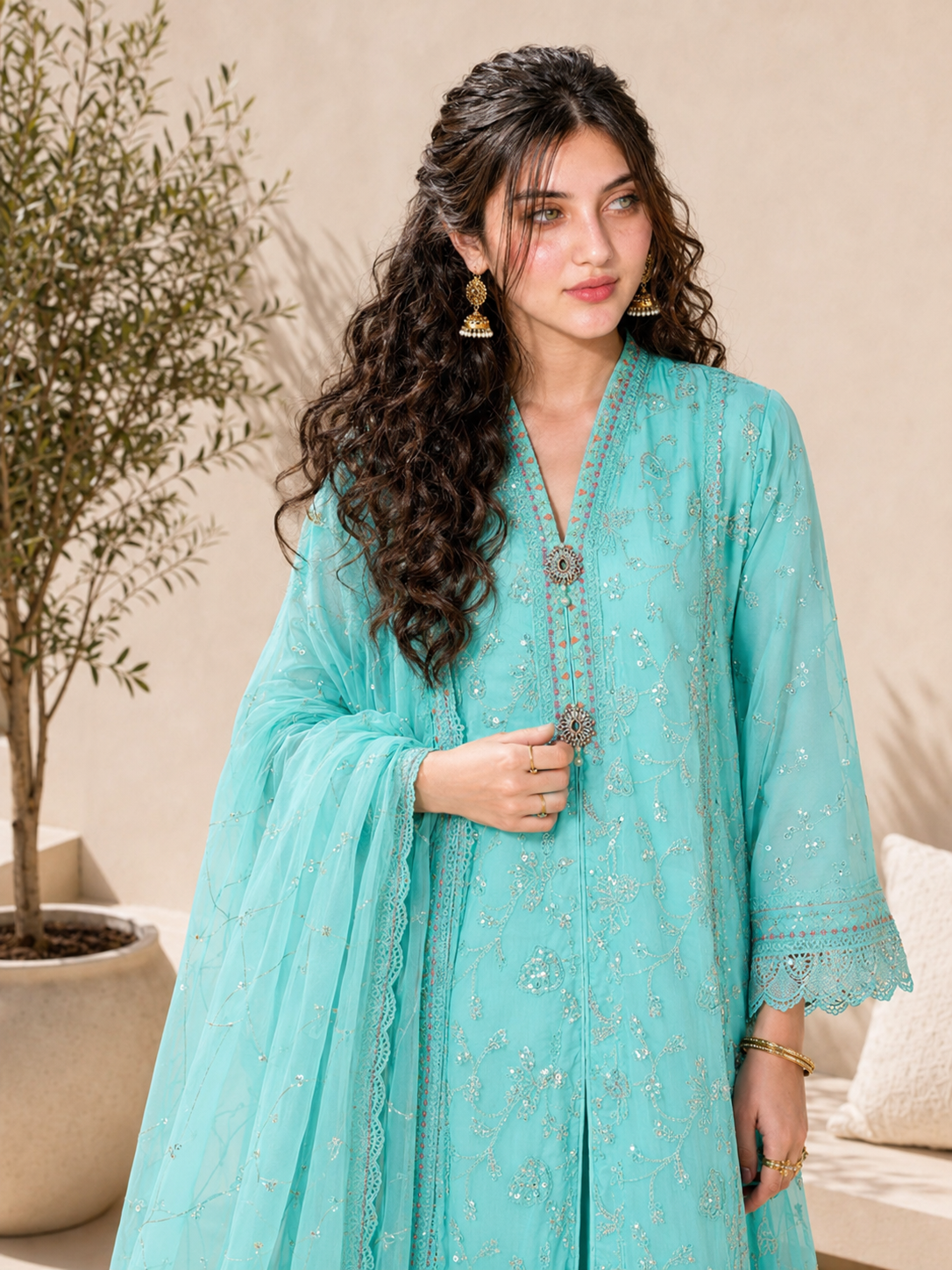 MOMINA "Pari" Embroidered Chiffon Dress Suit - Turquoise