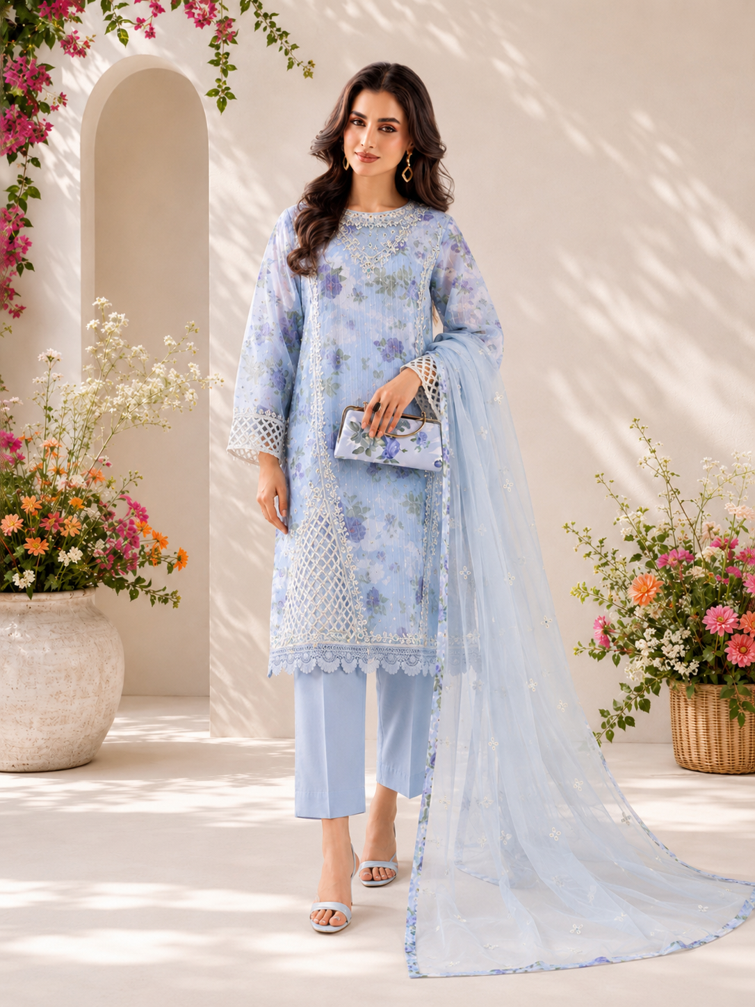 MOMINA "Bahaar Vol.3" Embroidered Net & Silk Suit with Clutch - Blue