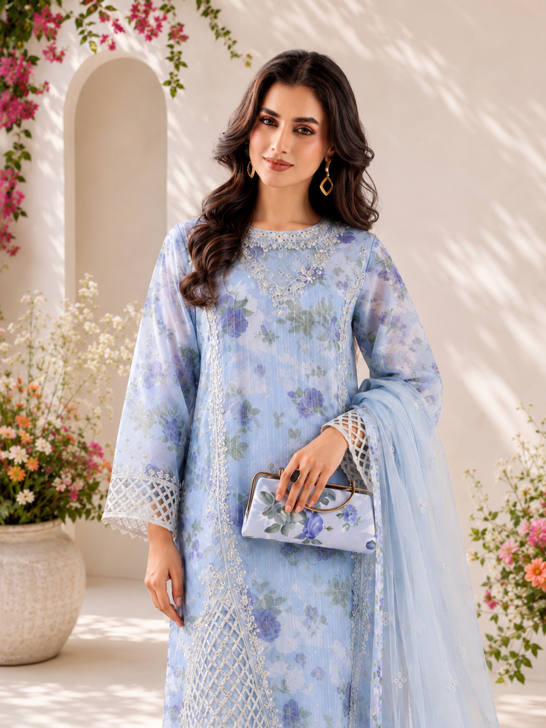 MOMINA "Bahaar Vol.3" Embroidered Net & Silk Suit with Clutch - Blue
