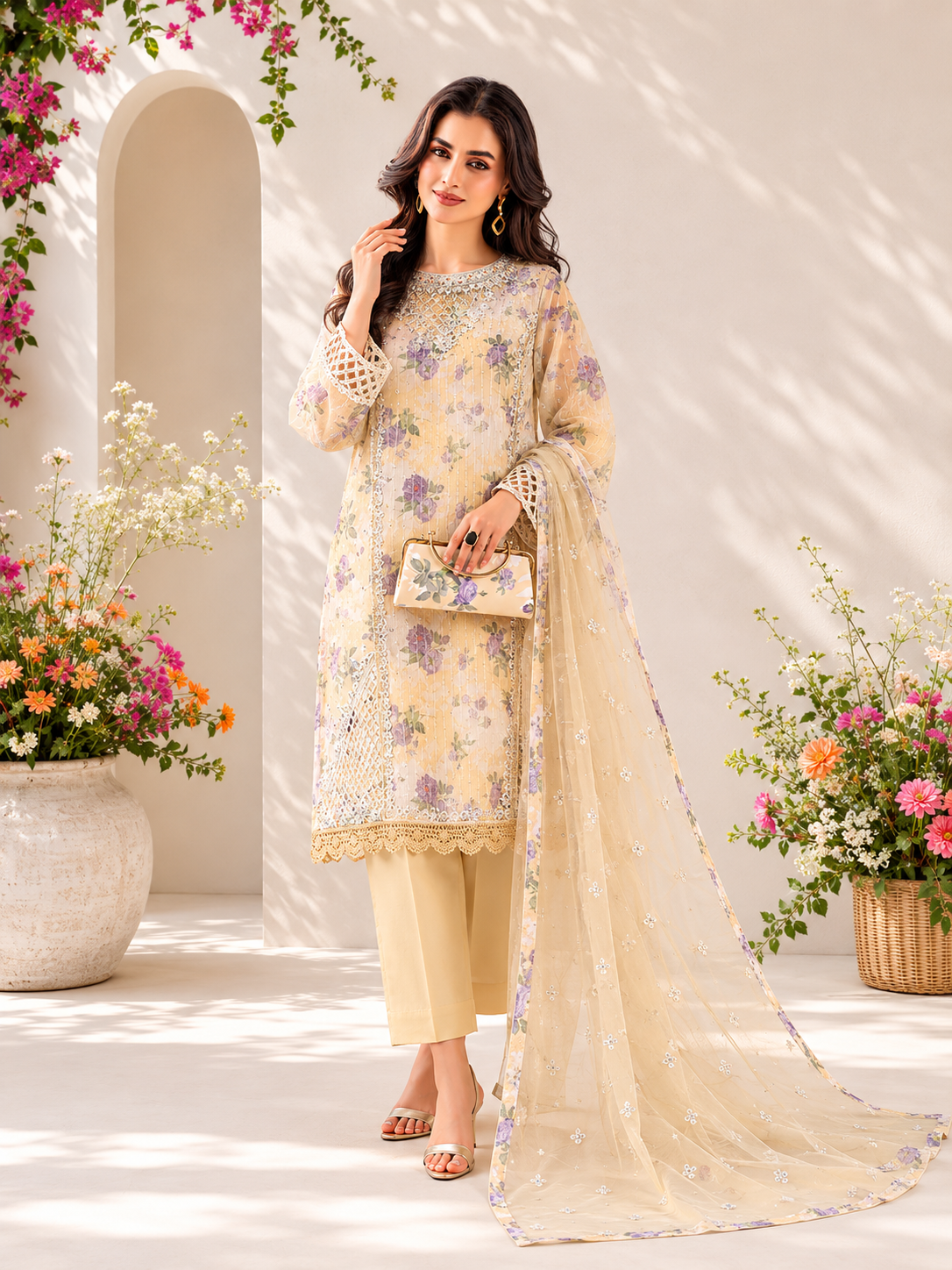 MOMINA "Bahaar Vol.3" Embroidered Net & Silk Suit with Clutch - Cream