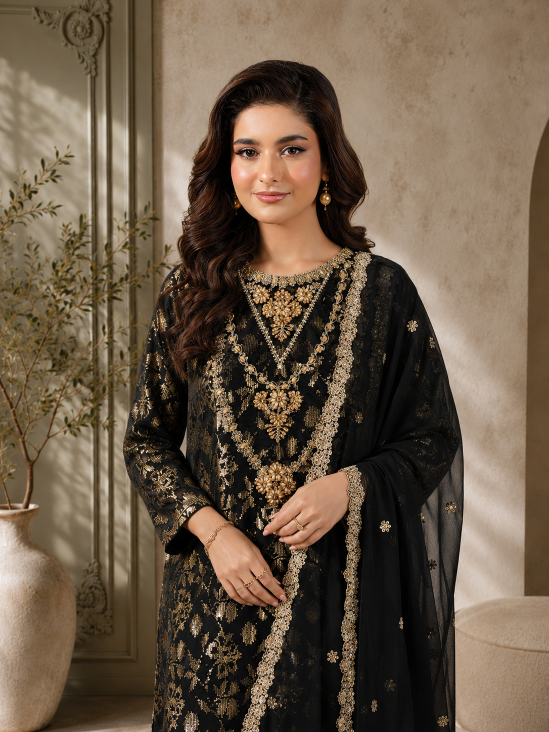 MOMINA "Chamak" Chiffon Embroidered and Sequinned Suit - Black