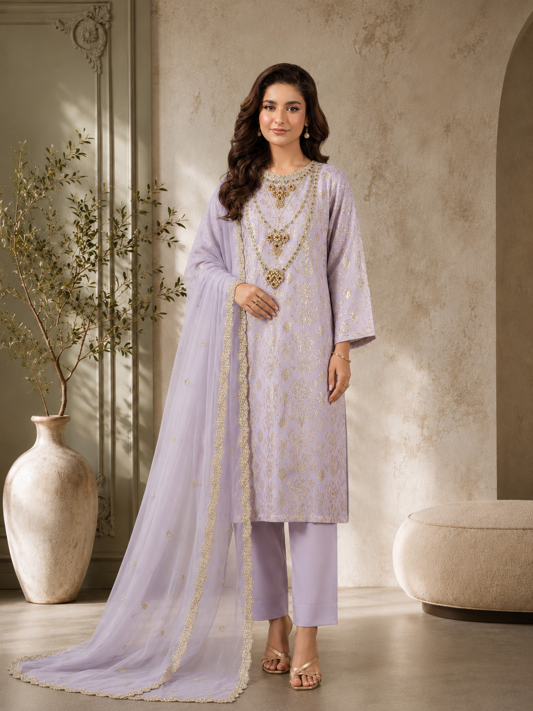 MOMINA "Chamak" Chiffon Embroidered and Sequinned Suit - Lilac