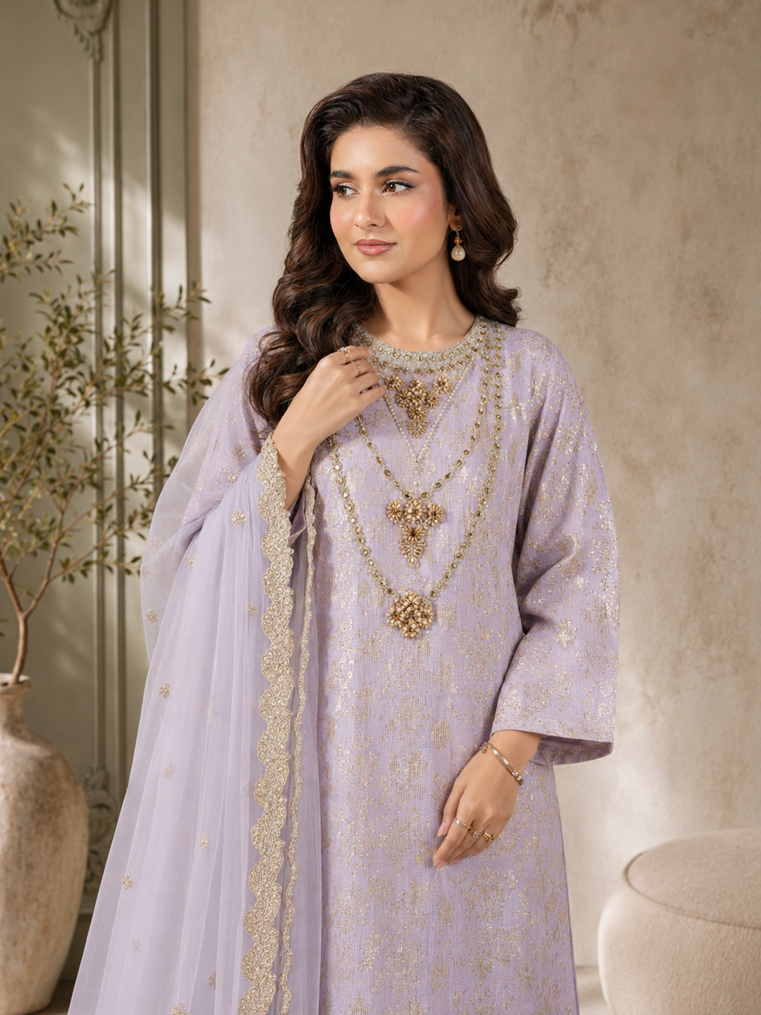 MOMINA "Chamak" Chiffon Embroidered and Sequinned Suit - Lilac