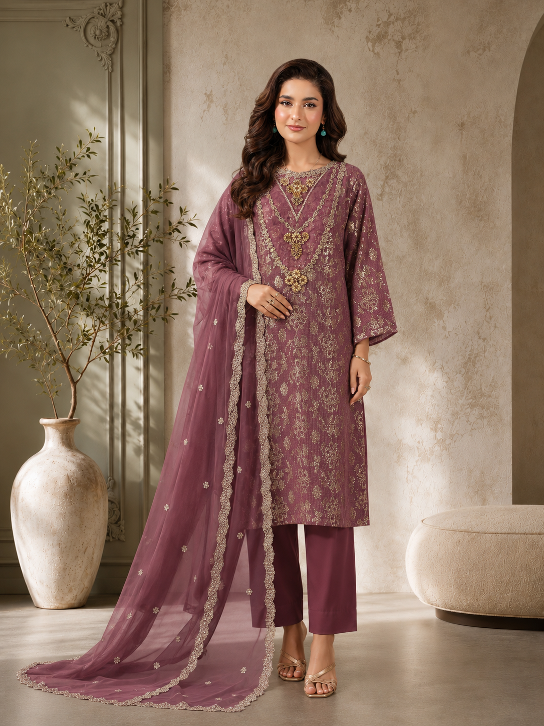 MOMINA "Chamak" Chiffon Embroidered and Sequinned Suit - Mauve