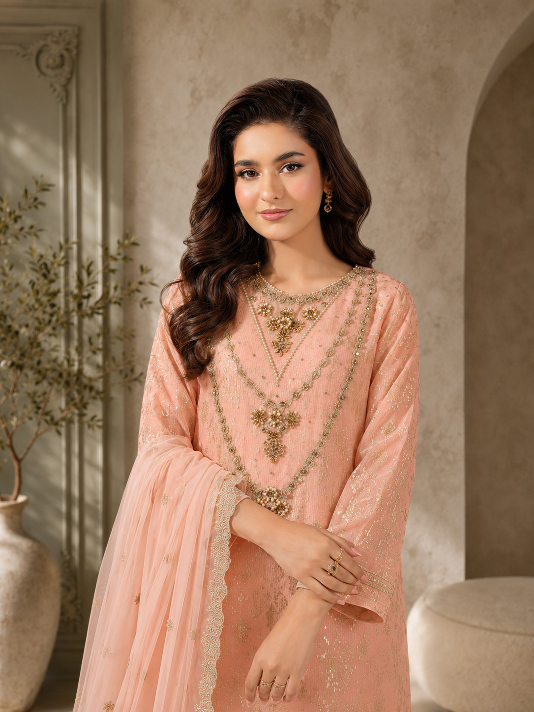 MOMINA "Chamak" Chiffon Embroidered and Sequinned Suit - Peach