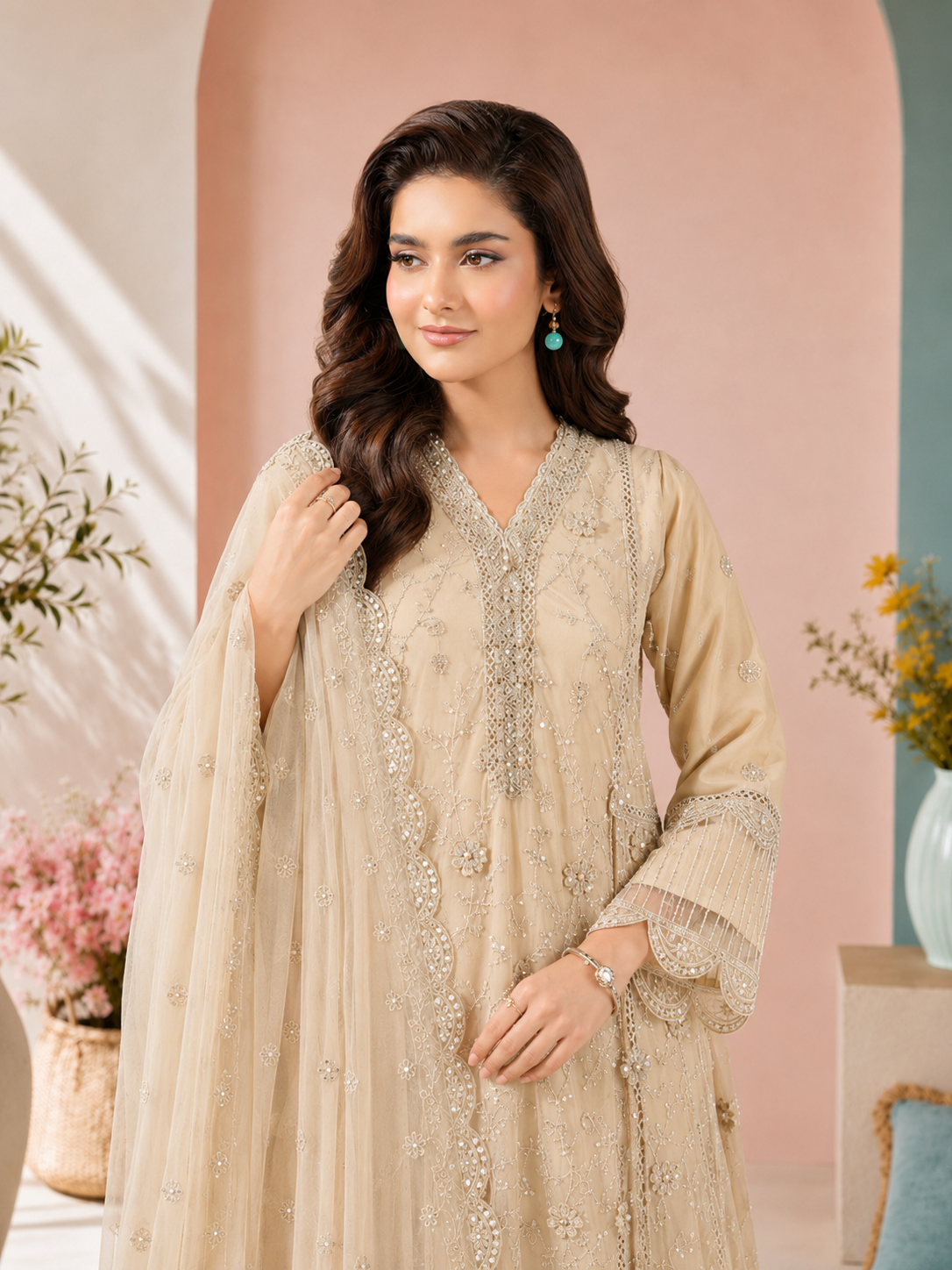 MOMINA "Sehr" Embroidered Chiffon Dress Suit - Beige