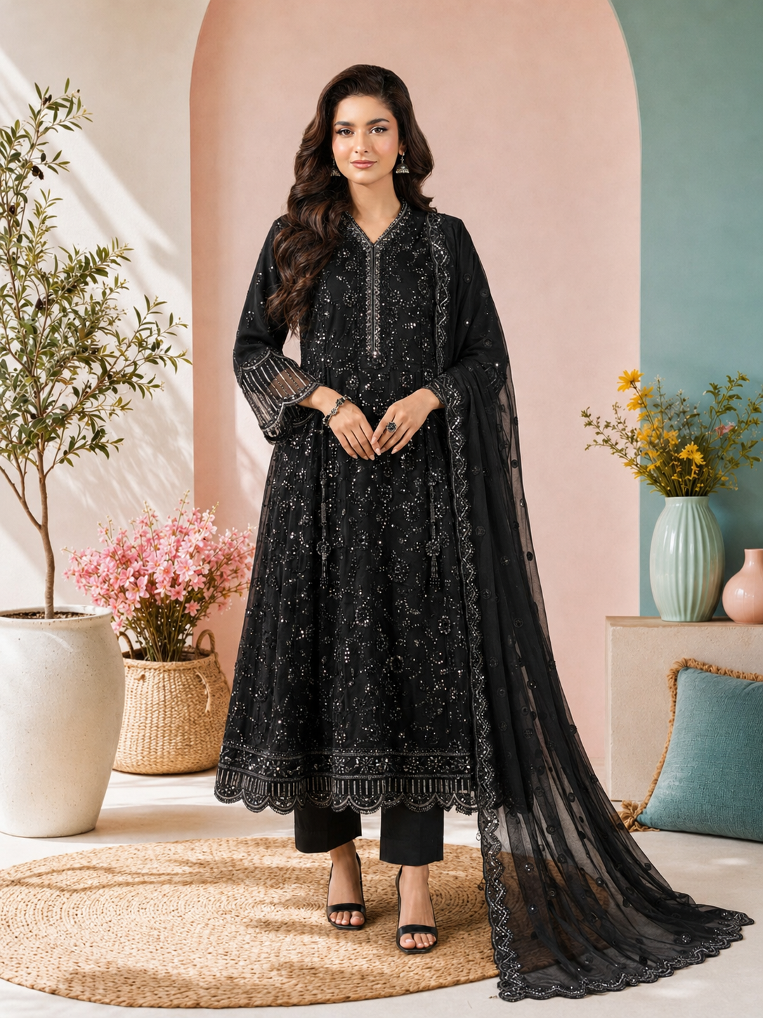 MOMINA "Sehr" Embroidered Chiffon Dress Suit - Black