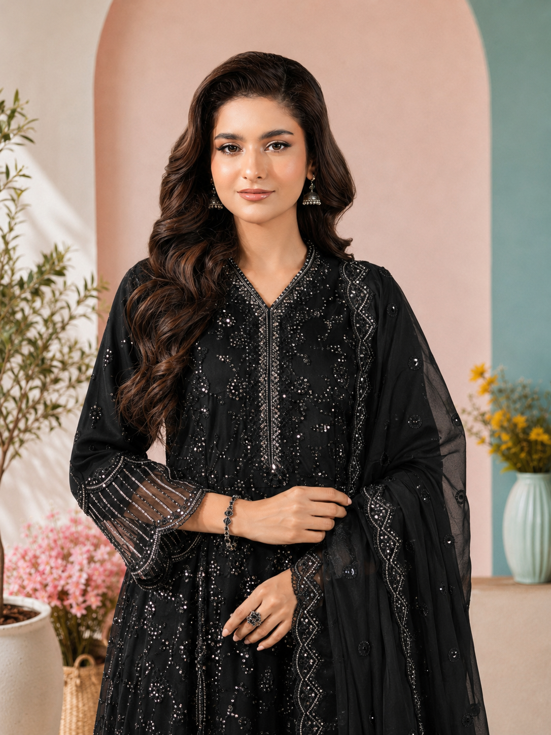 MOMINA "Sehr" Embroidered Chiffon Dress Suit - Black