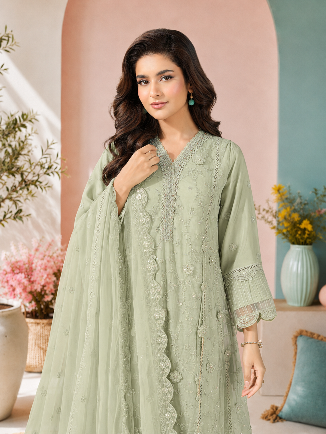 MOMINA "Sehr" Embroidered Chiffon Dress Suit - Green