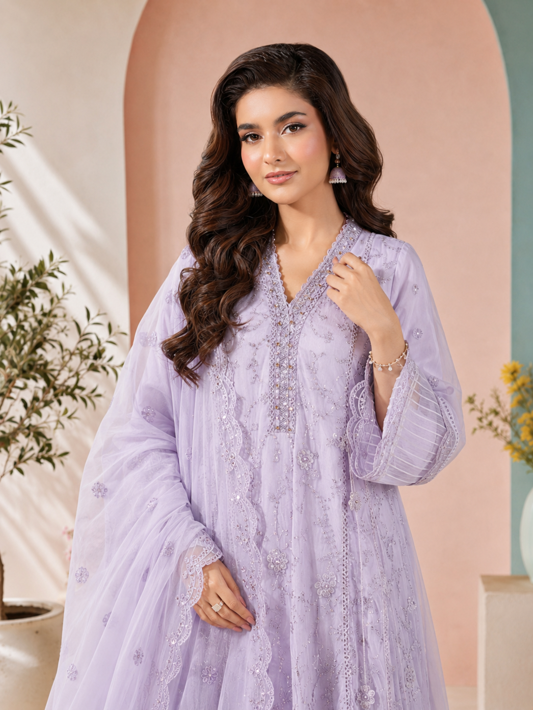 MOMINA "Sehr" Embroidered Chiffon Dress Suit - Lilac