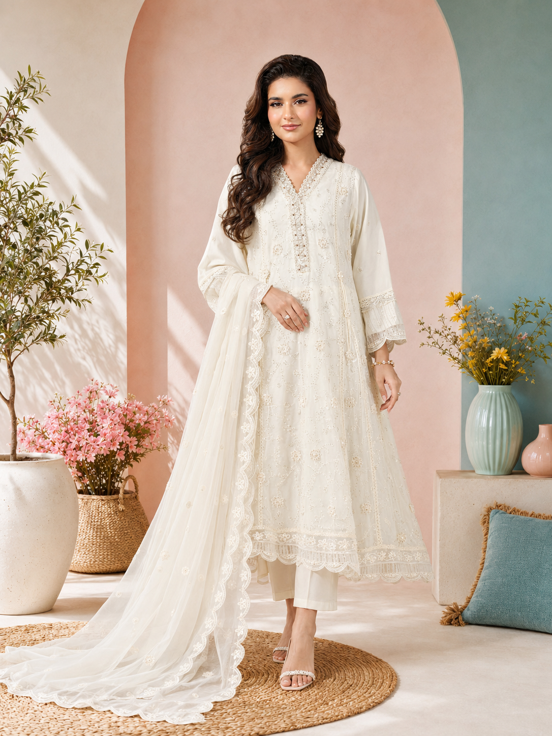 MOMINA "Sehr" Embroidered Chiffon Dress Suit - Off-White