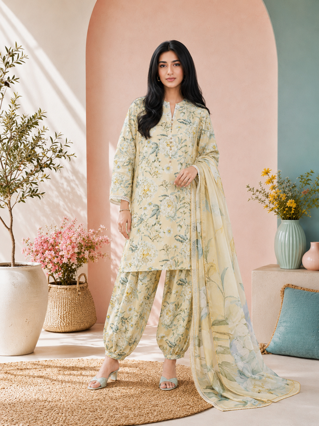 MOMINA Viscose Printed 3-Piece Suit with Balloon Shalwar - Cream
