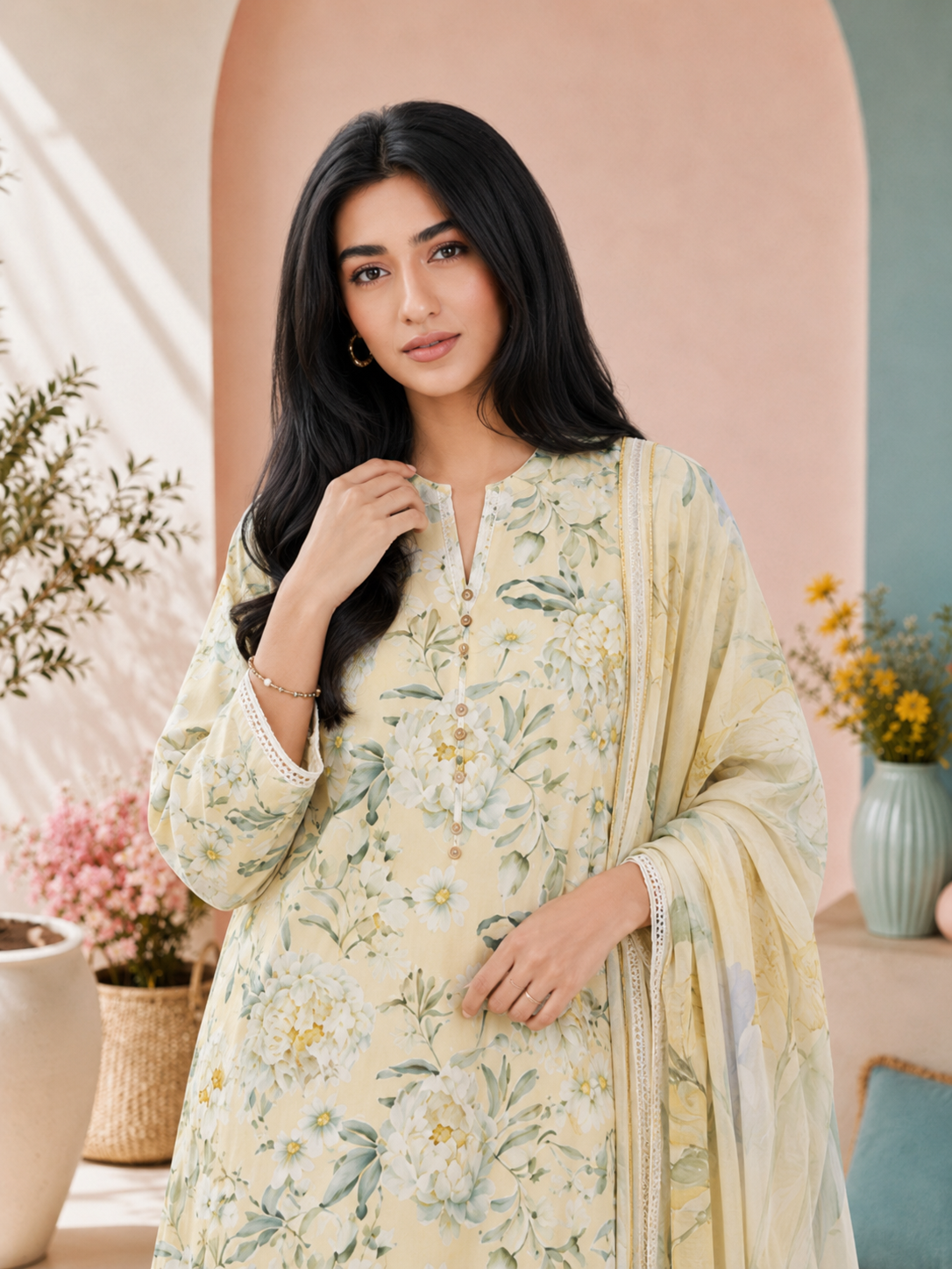 MOMINA Viscose Printed 3-Piece Suit with Balloon Shalwar - Cream