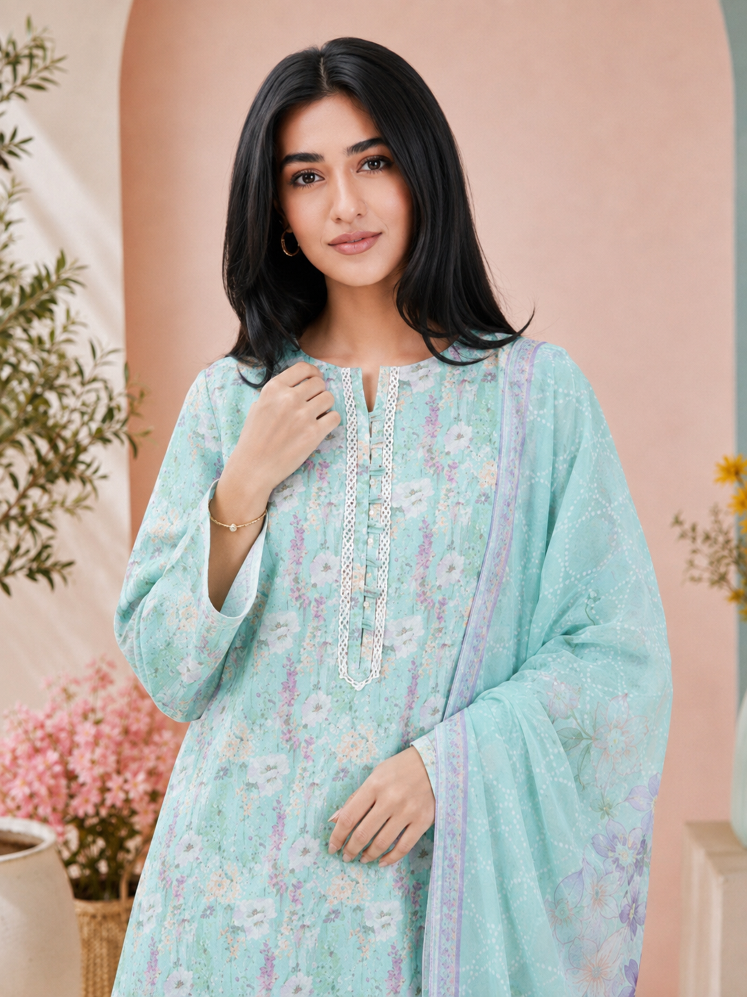 MOMINA Viscose Printed 3-Piece Suit with Balloon Shalwar - Aqua