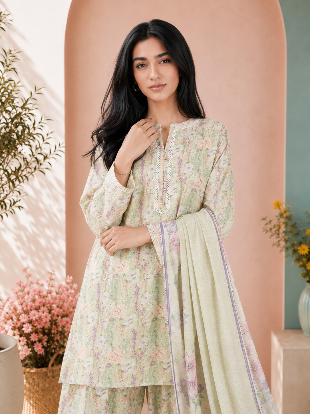 MOMINA Viscose Printed 3-Piece Suit with Balloon Shalwar - Mint