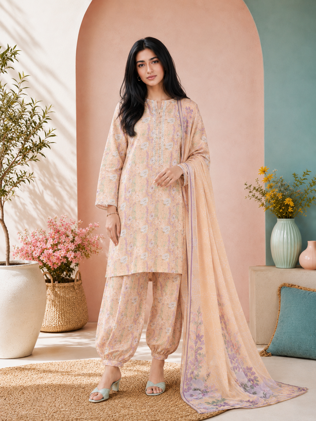MOMINA Viscose Printed 3-Piece Suit with Balloon Shalwar - Peach