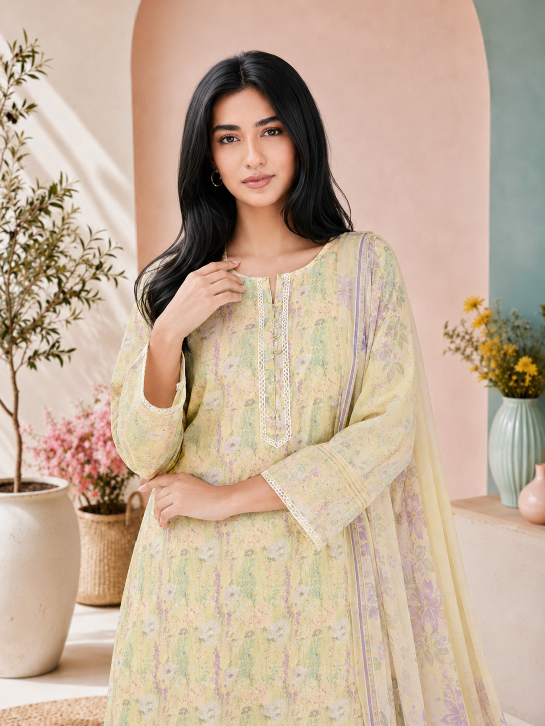 MOMINA Viscose Printed 3-Piece Suit with Balloon Shalwar - Yellow