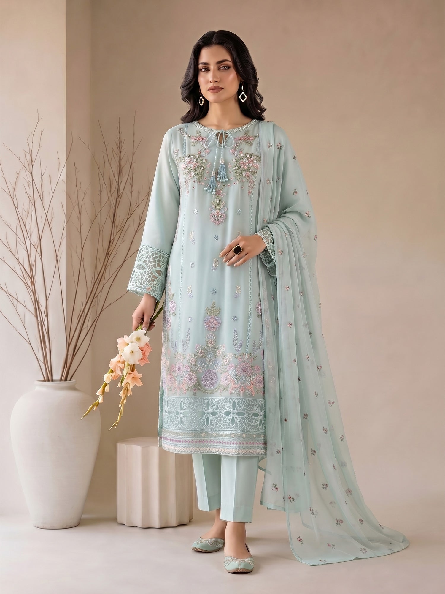 MOMINA "Nayaab" Embroidered Chiffon Suit - Mint