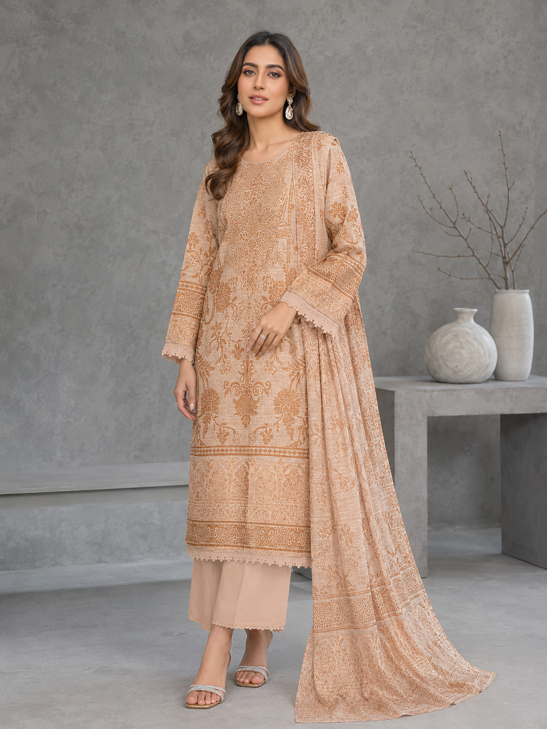Nureh Winter Leather-Peach Super Jacquard Velvet - Beige