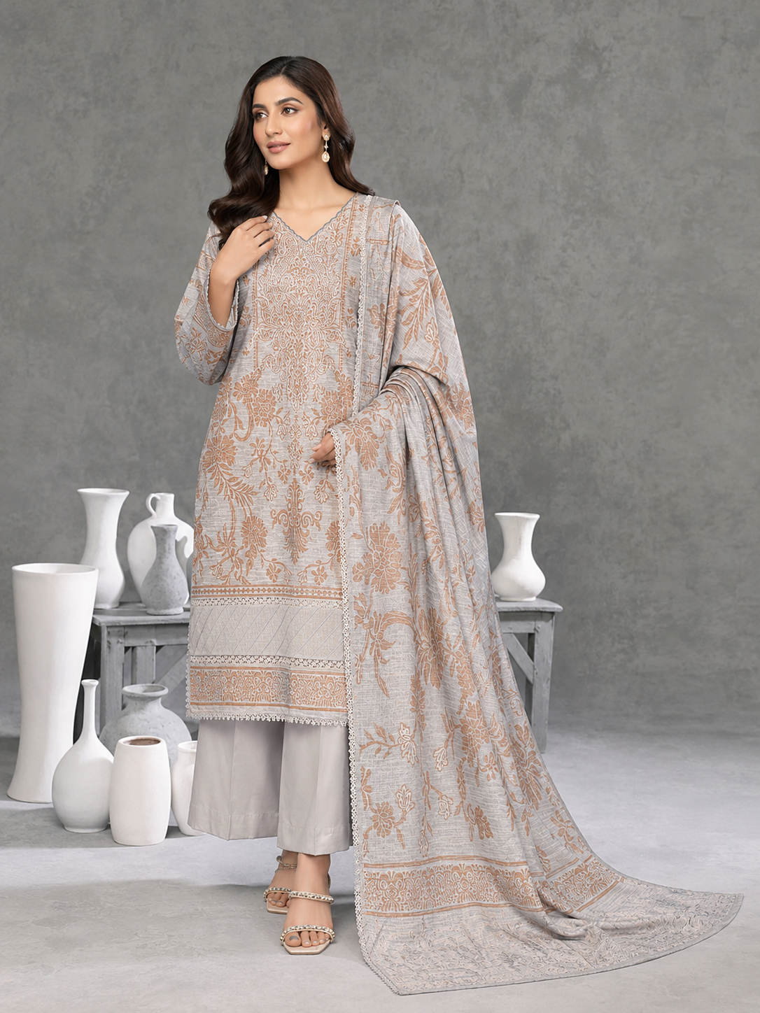 Nureh Winter Leather-Peach Super Jacquard Velvet - Grey