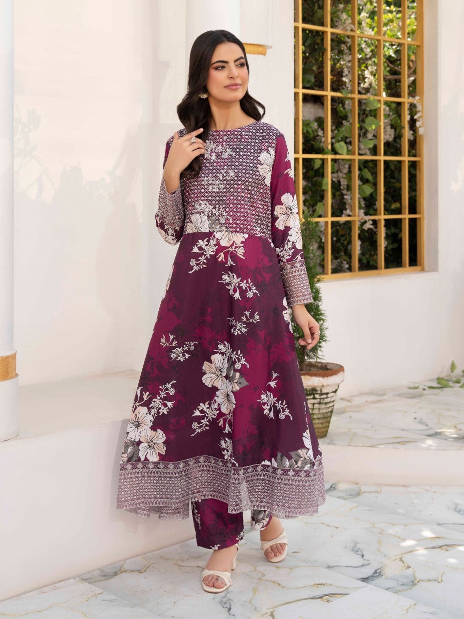 Raniya.H "Noir Garden" Silk Lawn Suit - Crimson Blossom