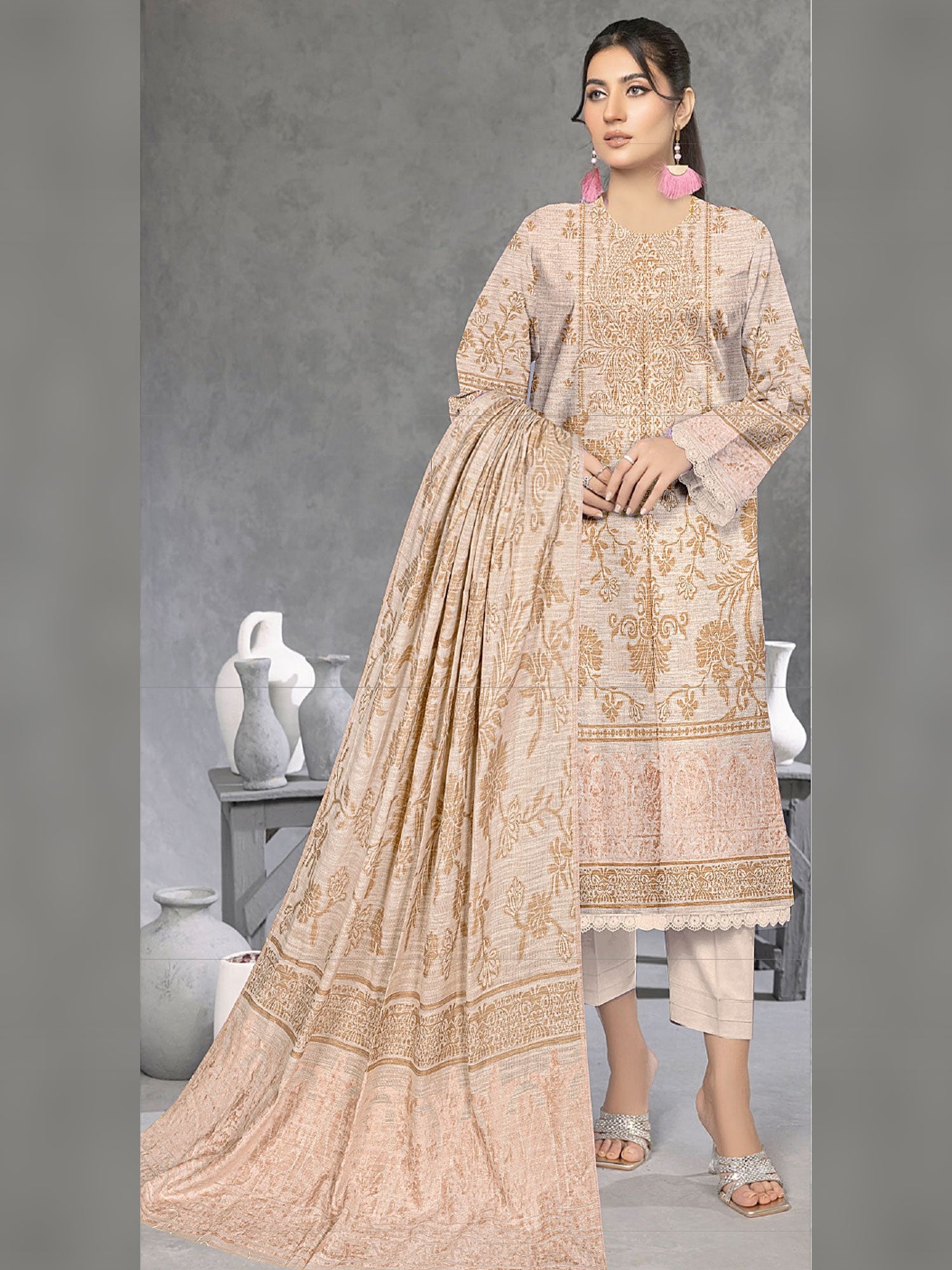 Nureh Winter Leather-Peach Super Jacquard Velvet - Off-White