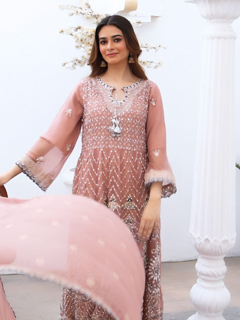Rangz Luxury Embroidered Chiffon Long Frock 3pc Suit - Pink