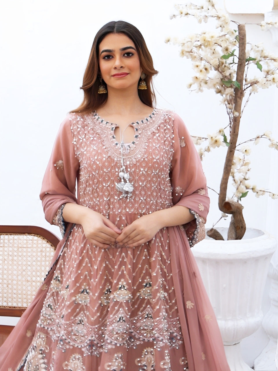 Rangz Luxury Embroidered Chiffon Long Frock 3pc Suit - Pink