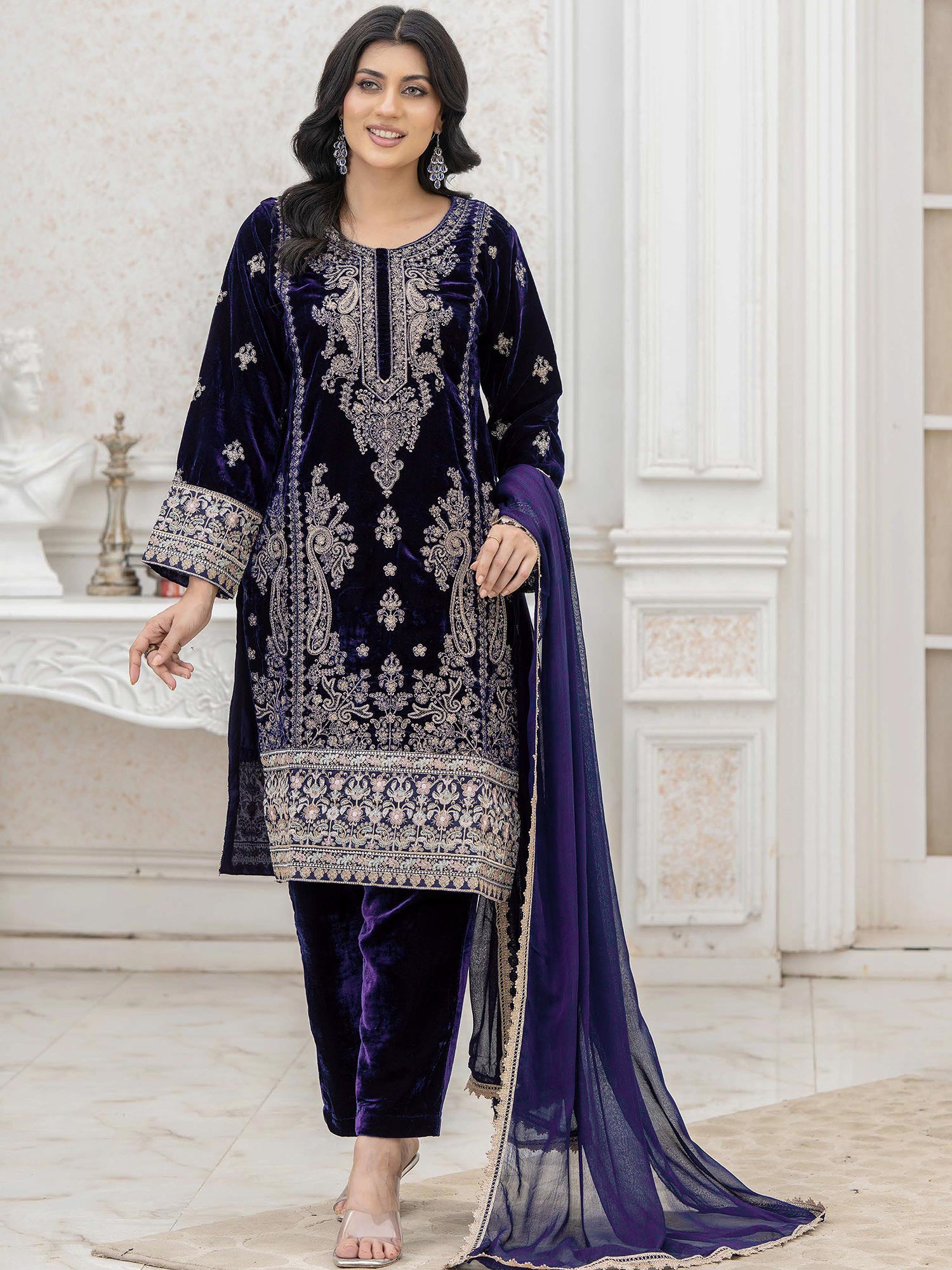 Rangz Lux Velvet Embroidered 3-Piece Suit - Purple