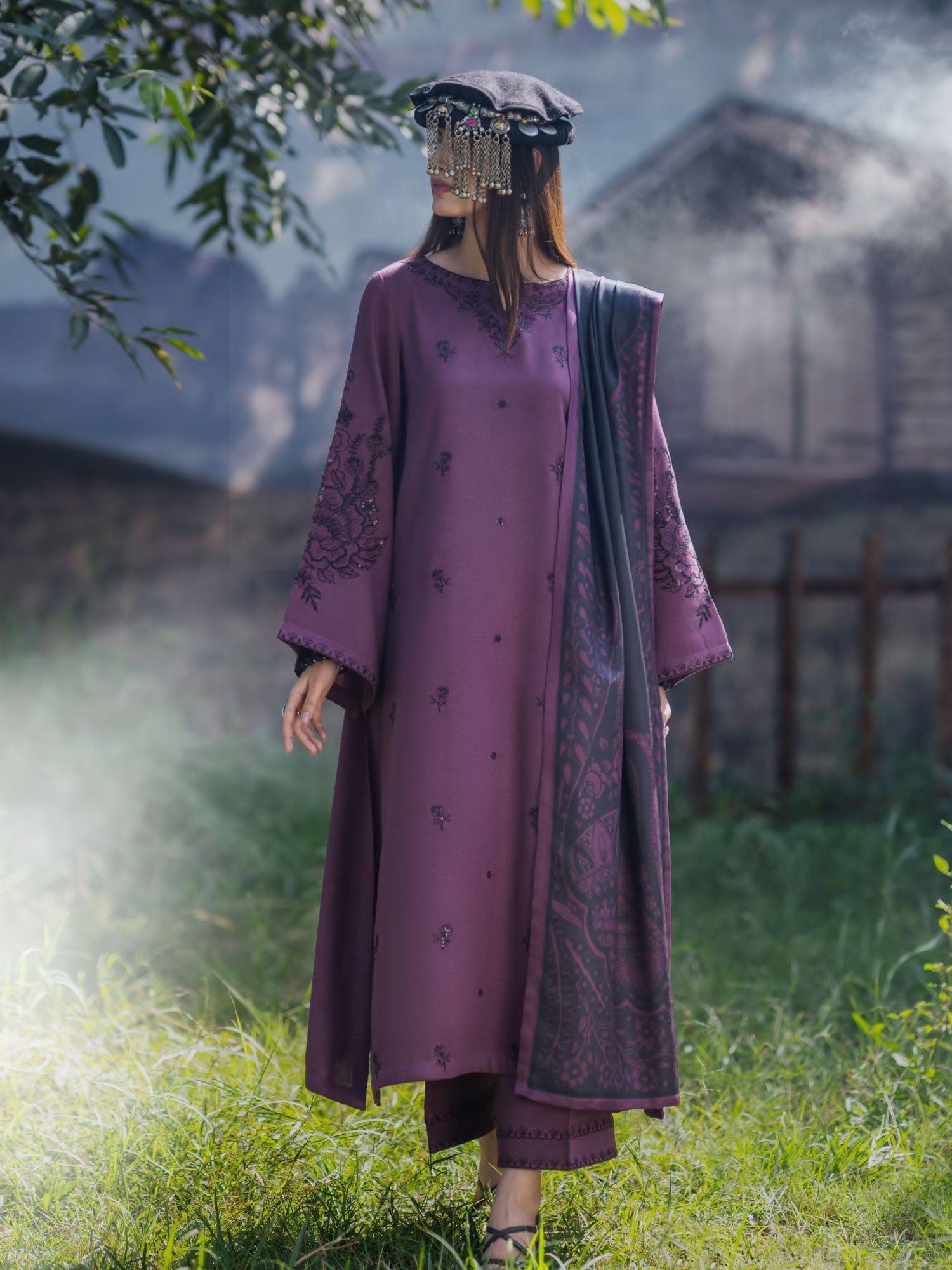 Casual Lite "Khunki" Premium Dhanak Suit with Pashmina Shawl - Purple