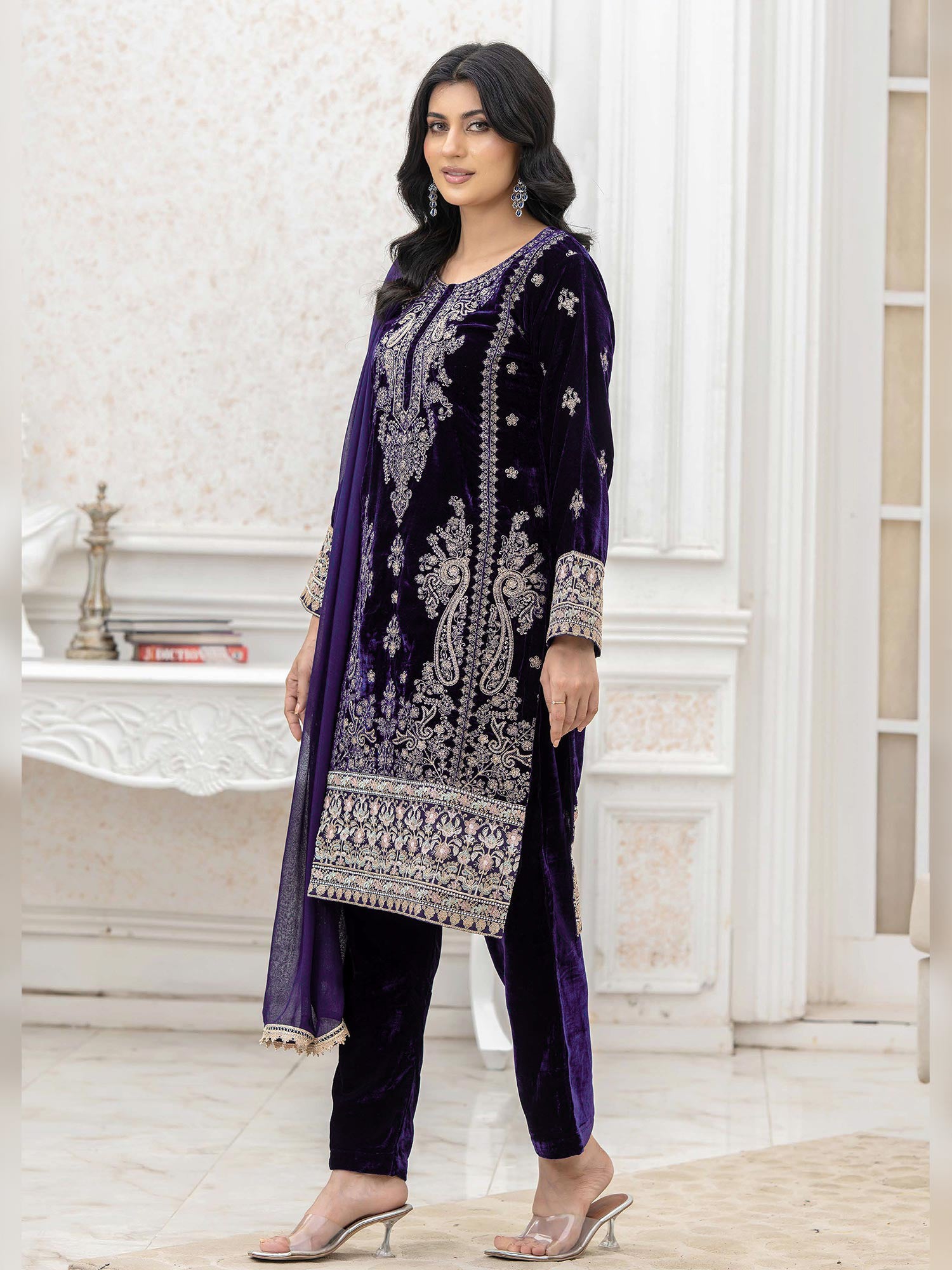 Rangz Lux Velvet Embroidered 3-Piece Suit - Purple