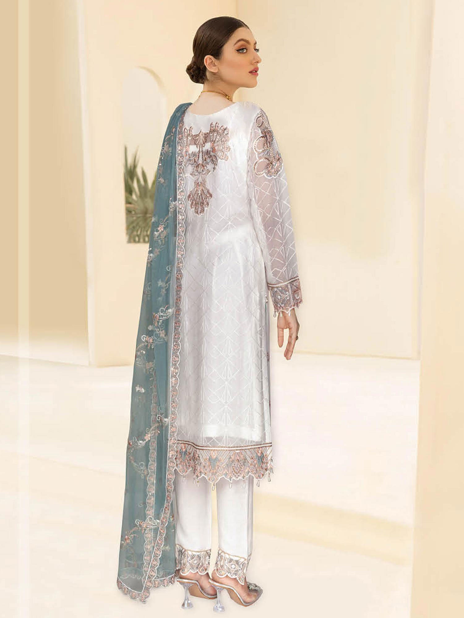 Ramsha "Kashish" Luxury Embroidered Chiffon Suit - White