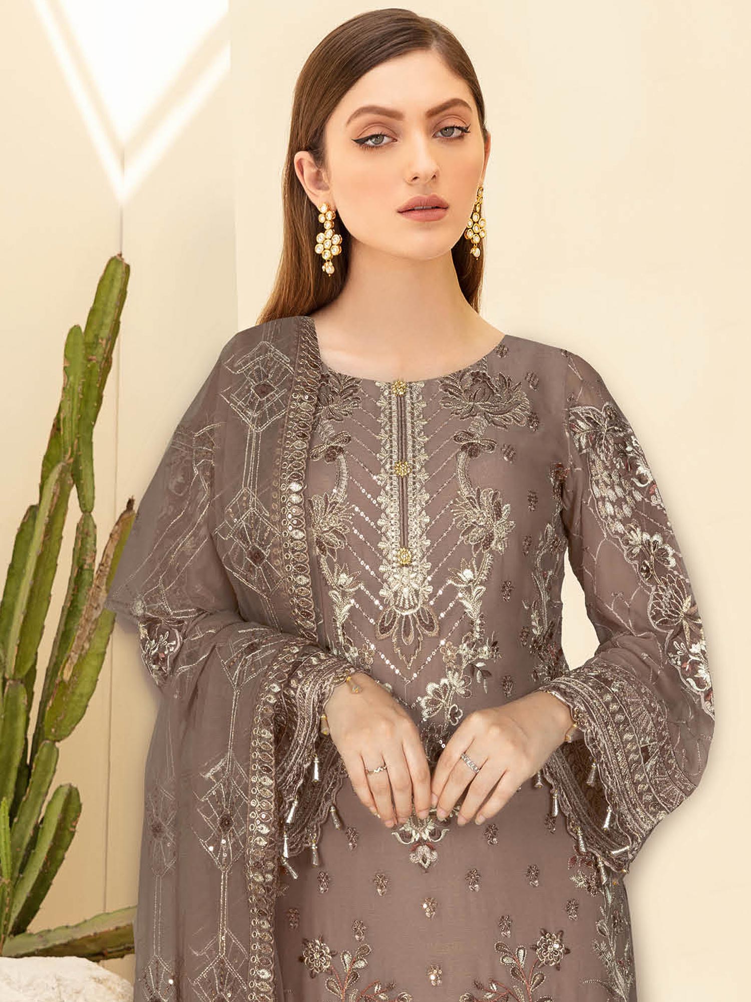 Ramsha "Kashish" Luxury Embroidered Chiffon Suit - Brown