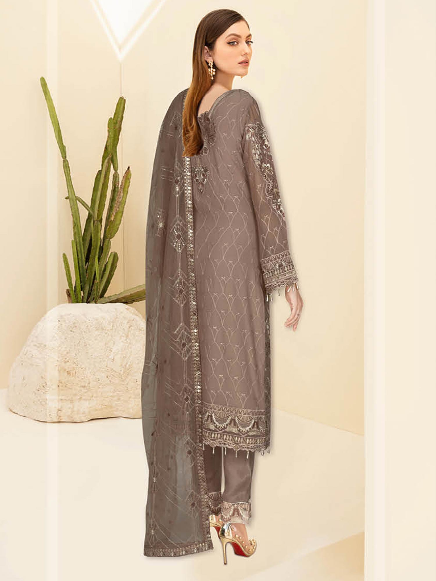 Ramsha "Kashish" Luxury Embroidered Chiffon Suit - Brown
