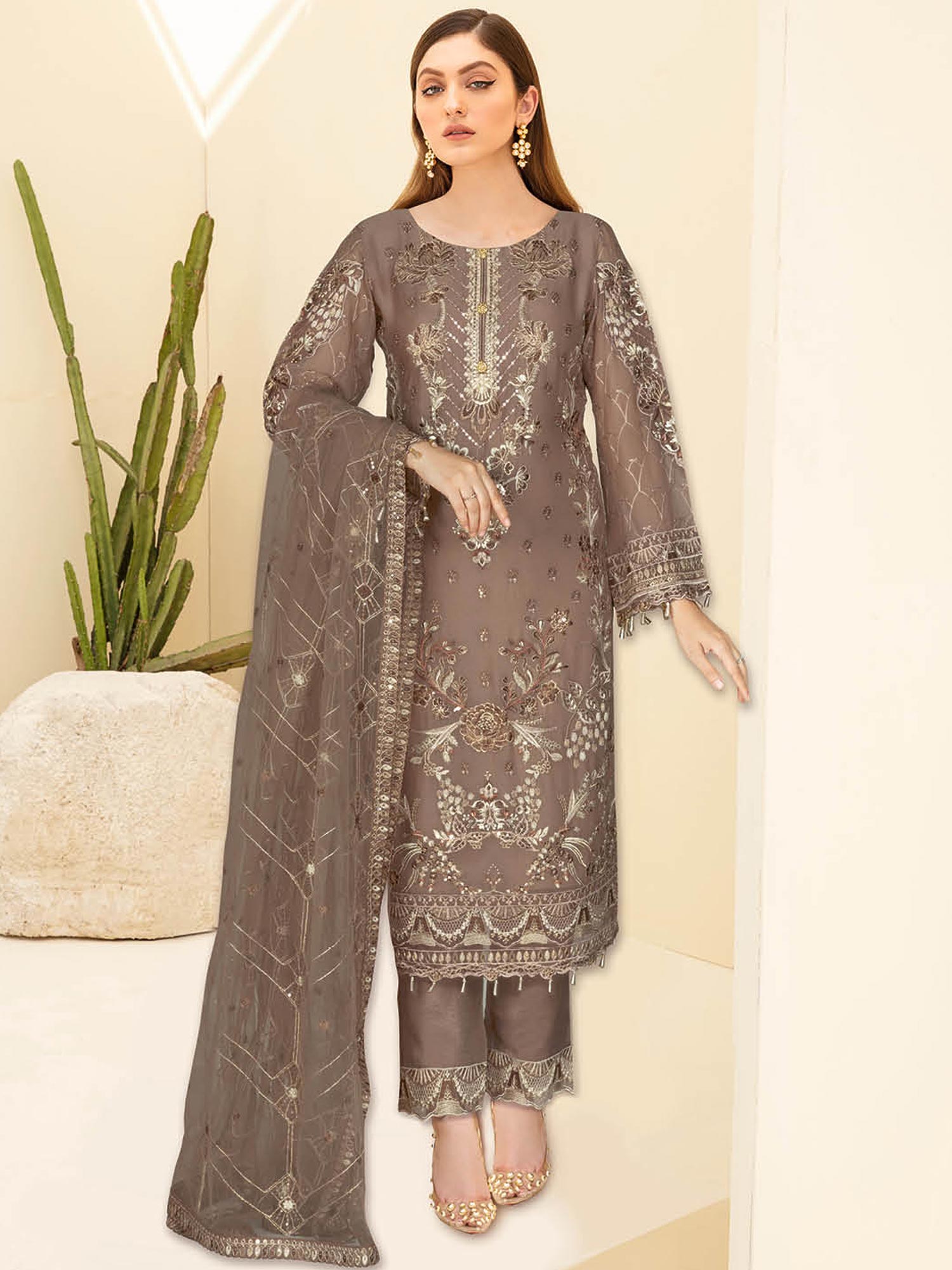 Ramsha "Kashish" Luxury Embroidered Chiffon Suit - Brown