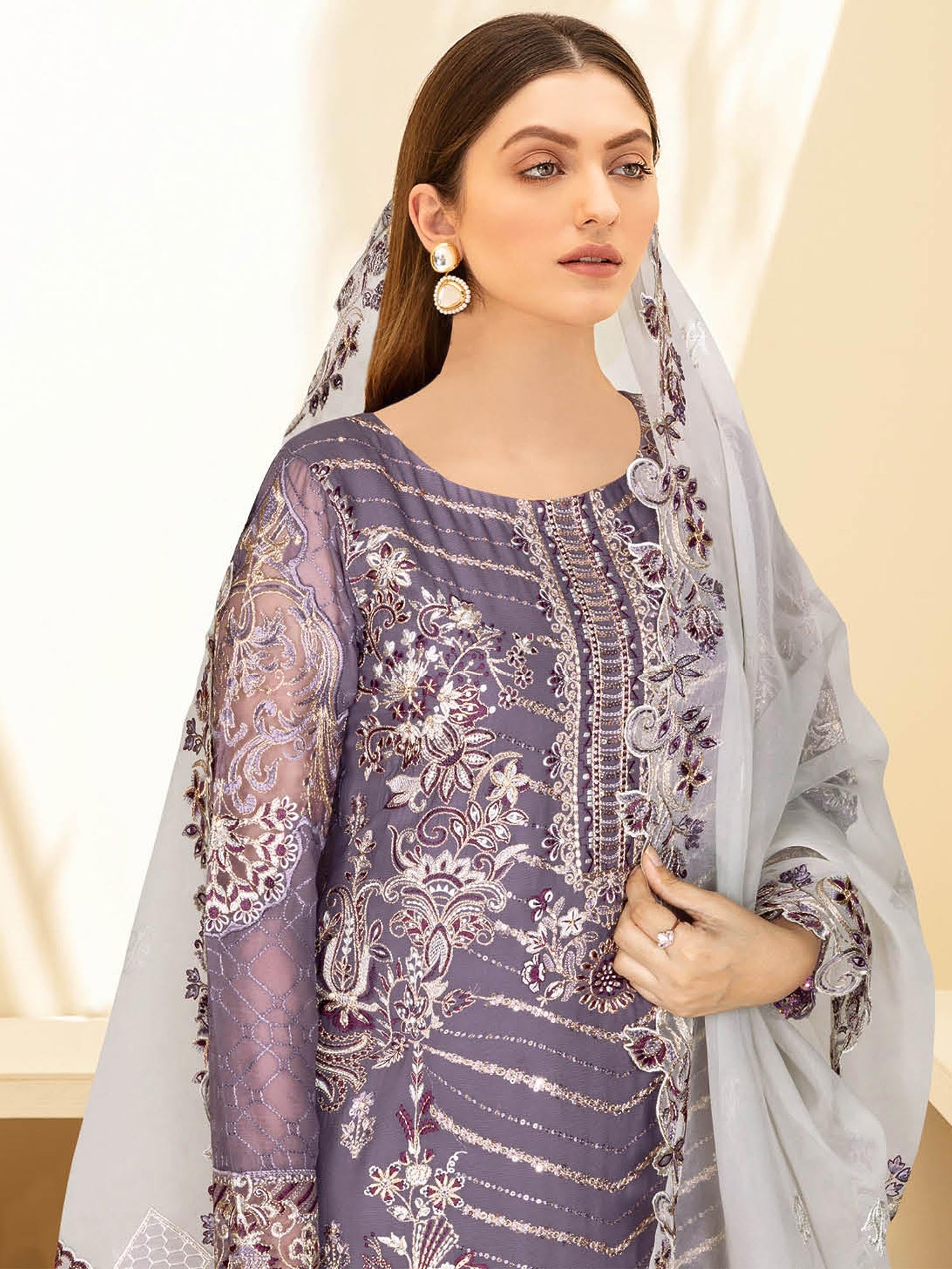 Ramsha "Kashish" Luxury Embroidered Chiffon Gharara Suit - Mauve