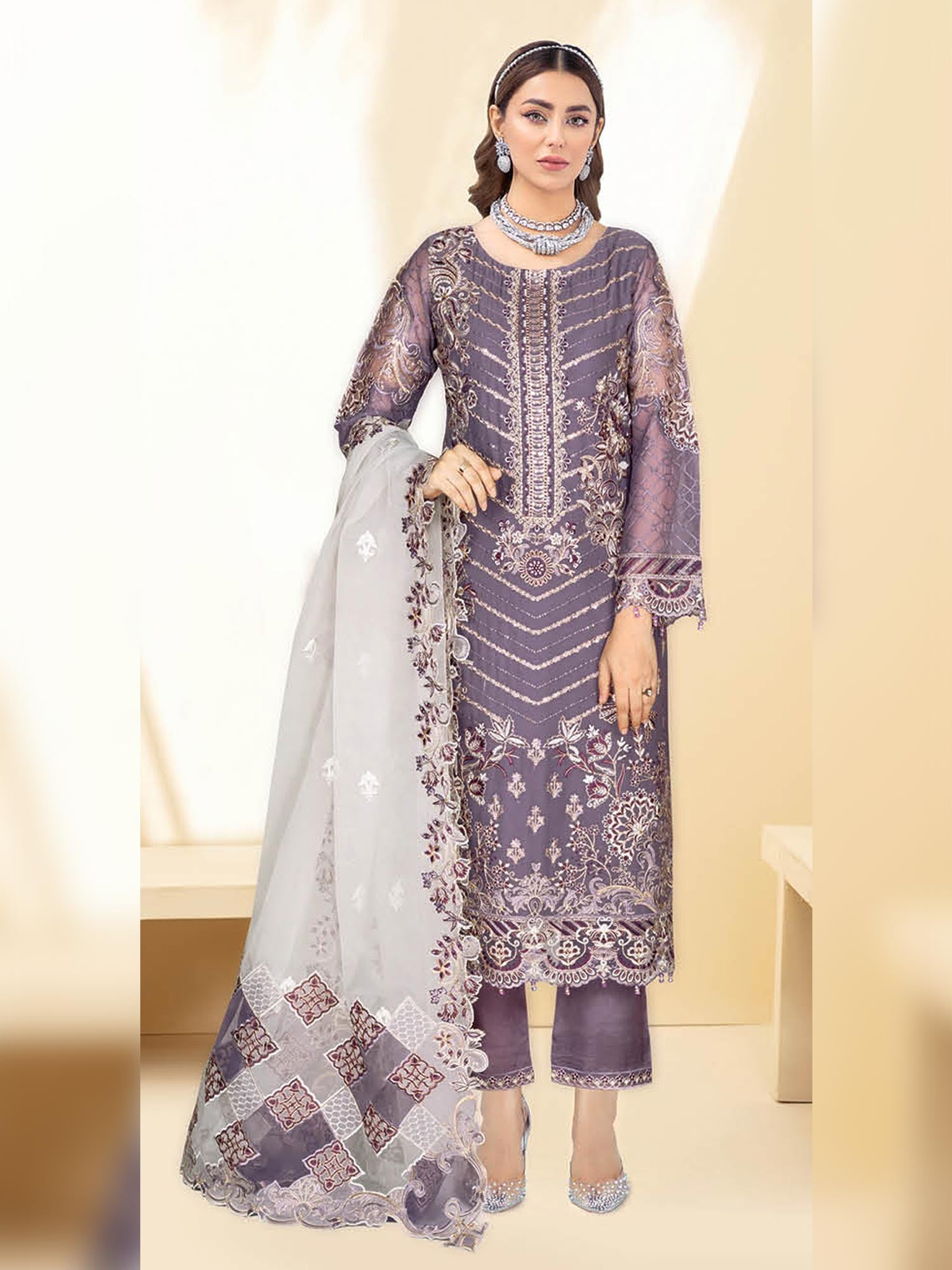 Ramsha "Kashish" Luxury Embroidered Chiffon Suit - Mauve