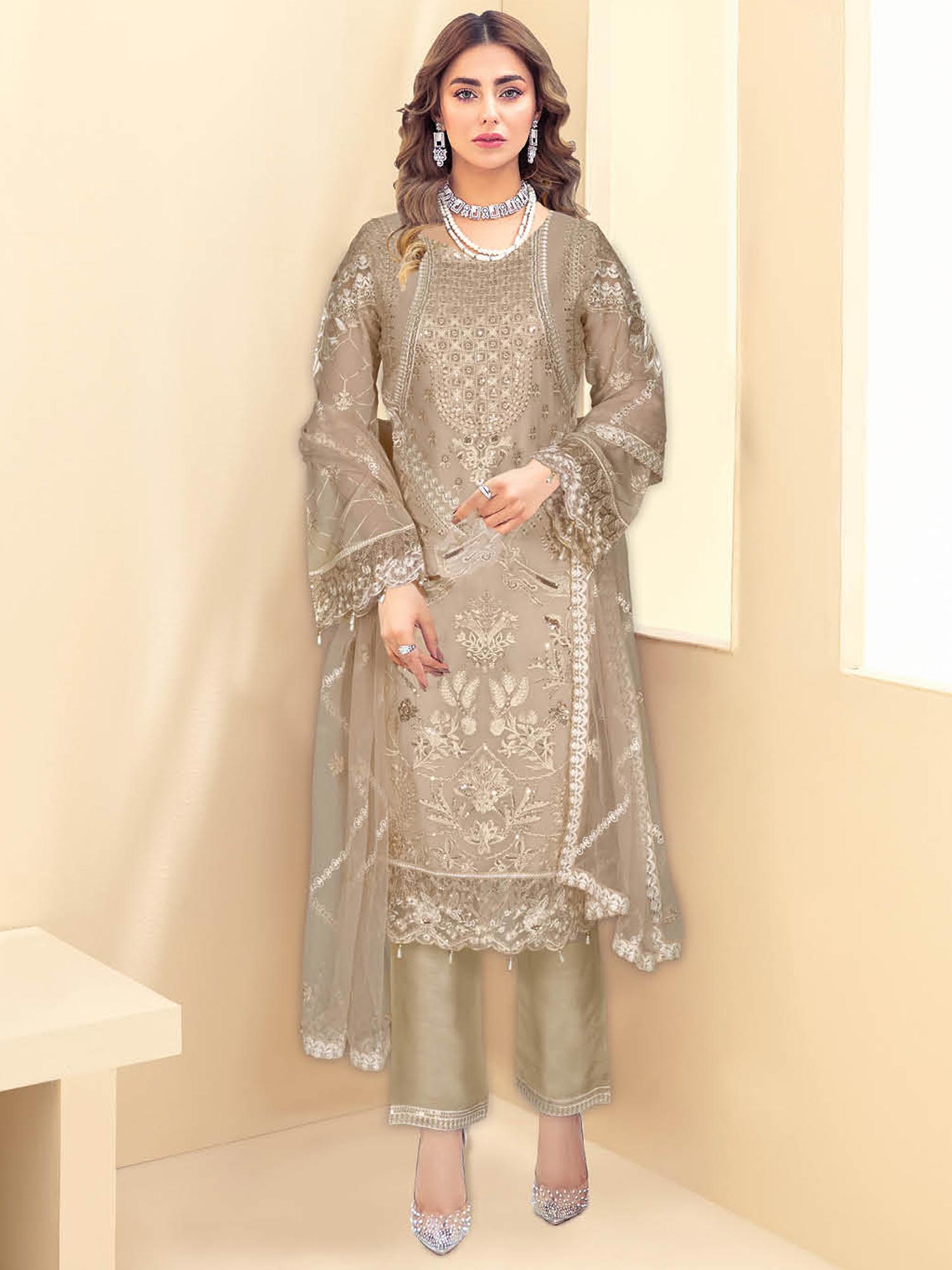 Ramsha "Kashish" Luxury Embroidered Chiffon Suit - Beige