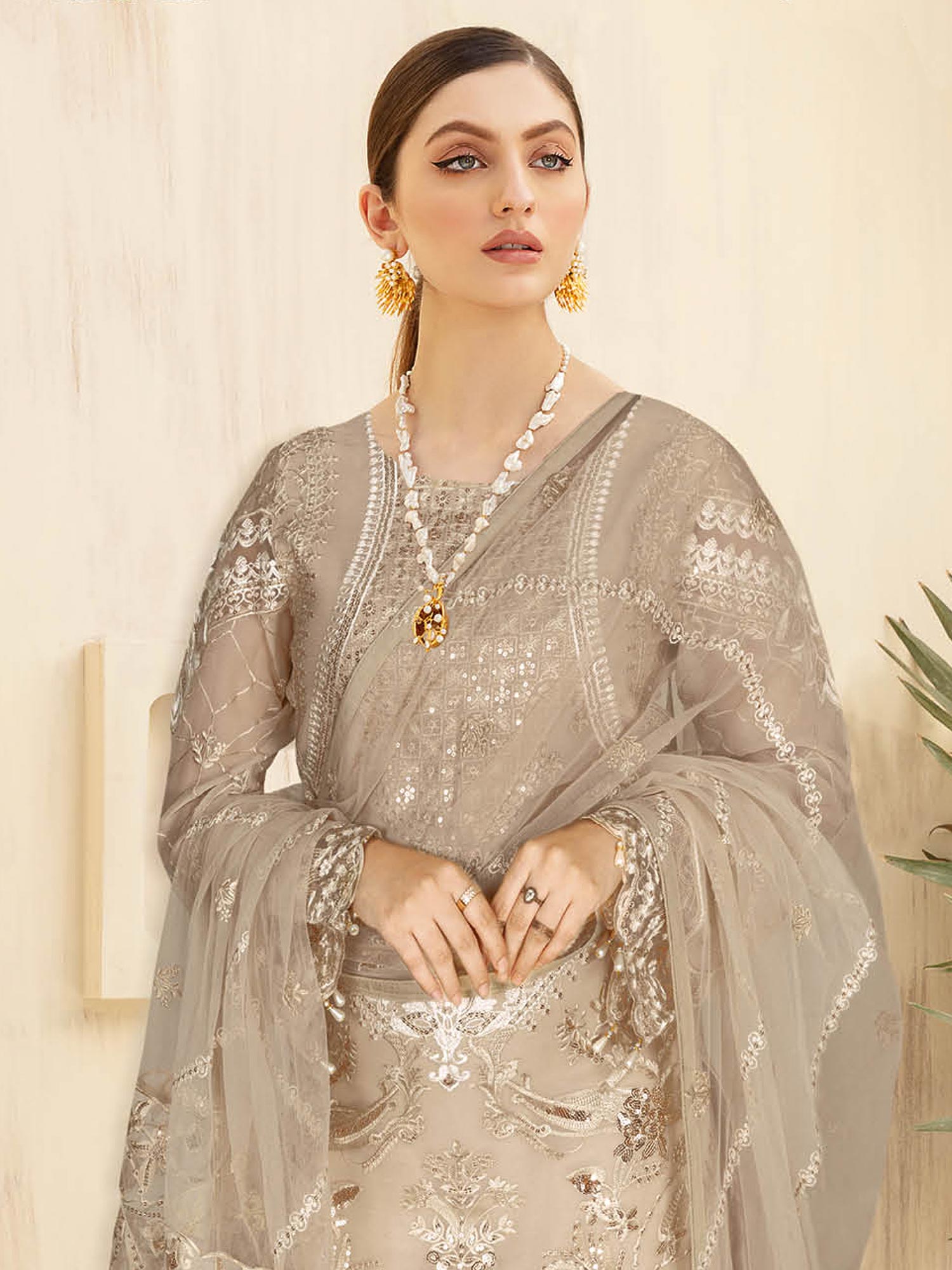 Ramsha "Kashish" Luxury Embroidered Chiffon Gharara Suit - Beige